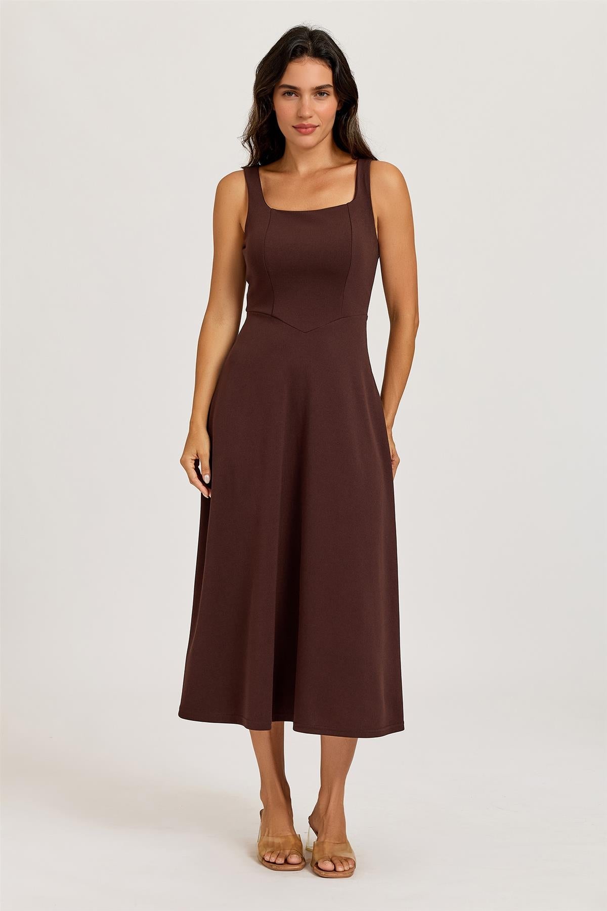 FS Collection Square Neck Sleeveless Fit & Flare Midi Dress In Espresso