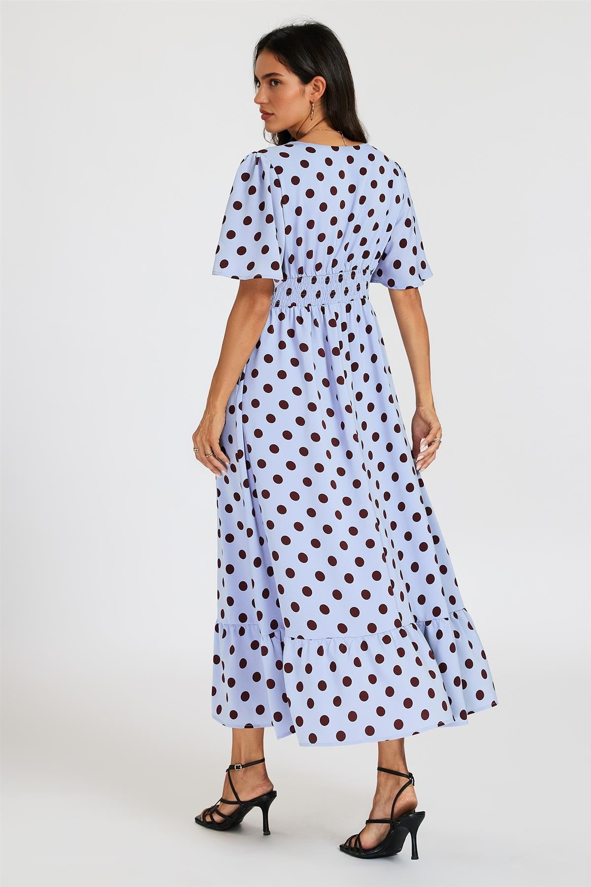 FS Collection Polka Dot Print Angel Sleeve V Neck Frill Hem Midi Dress In Blue