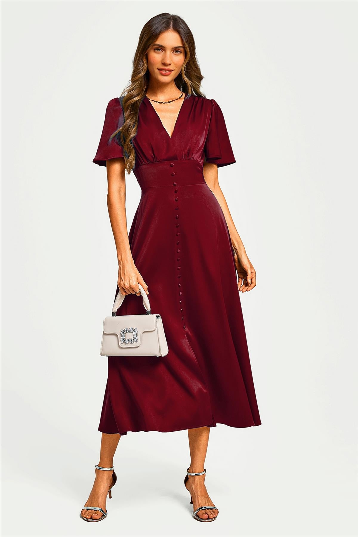 FS Collection Satin V neckline Button Detail Dress In Wine