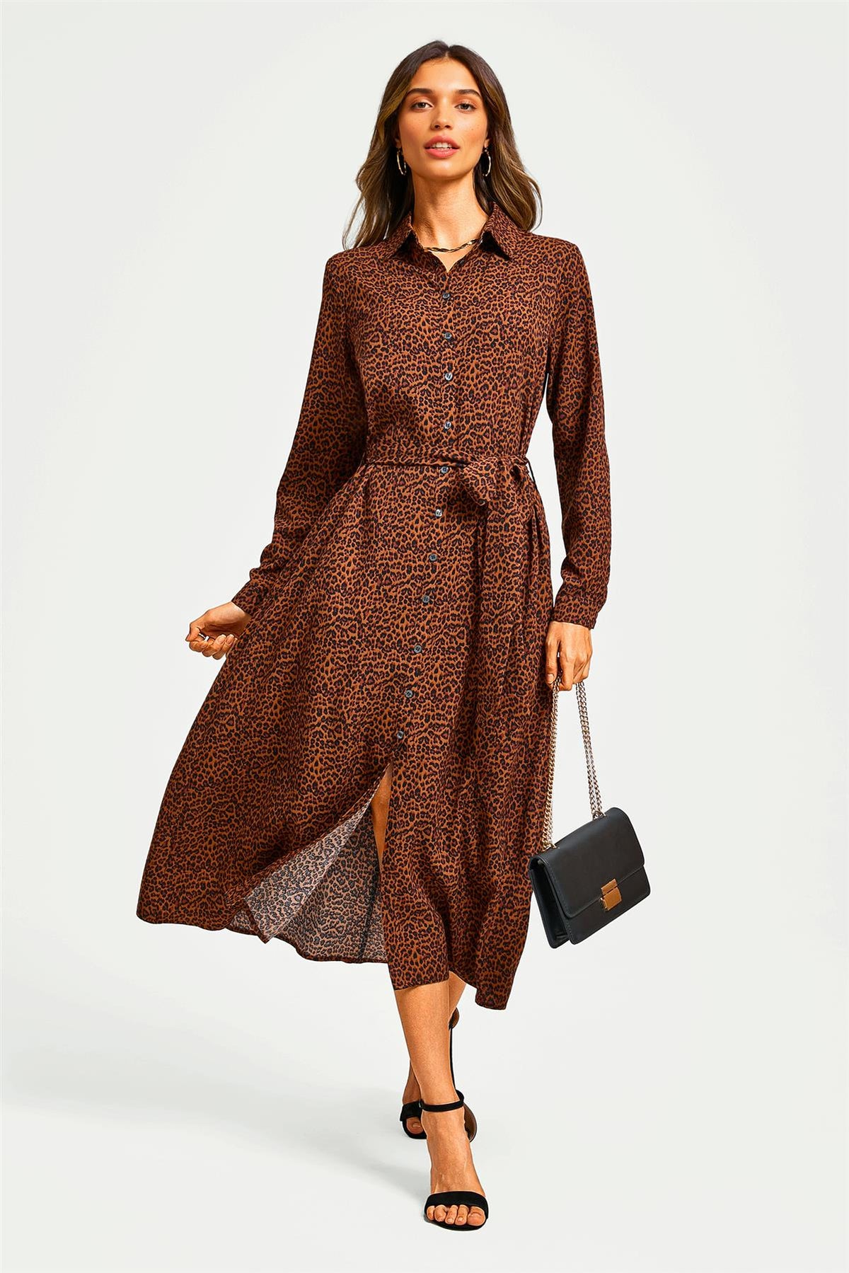 Brown Leopard Print Shirt Midi Dress With Tie Waist + Gold Stretch Leaf Belt