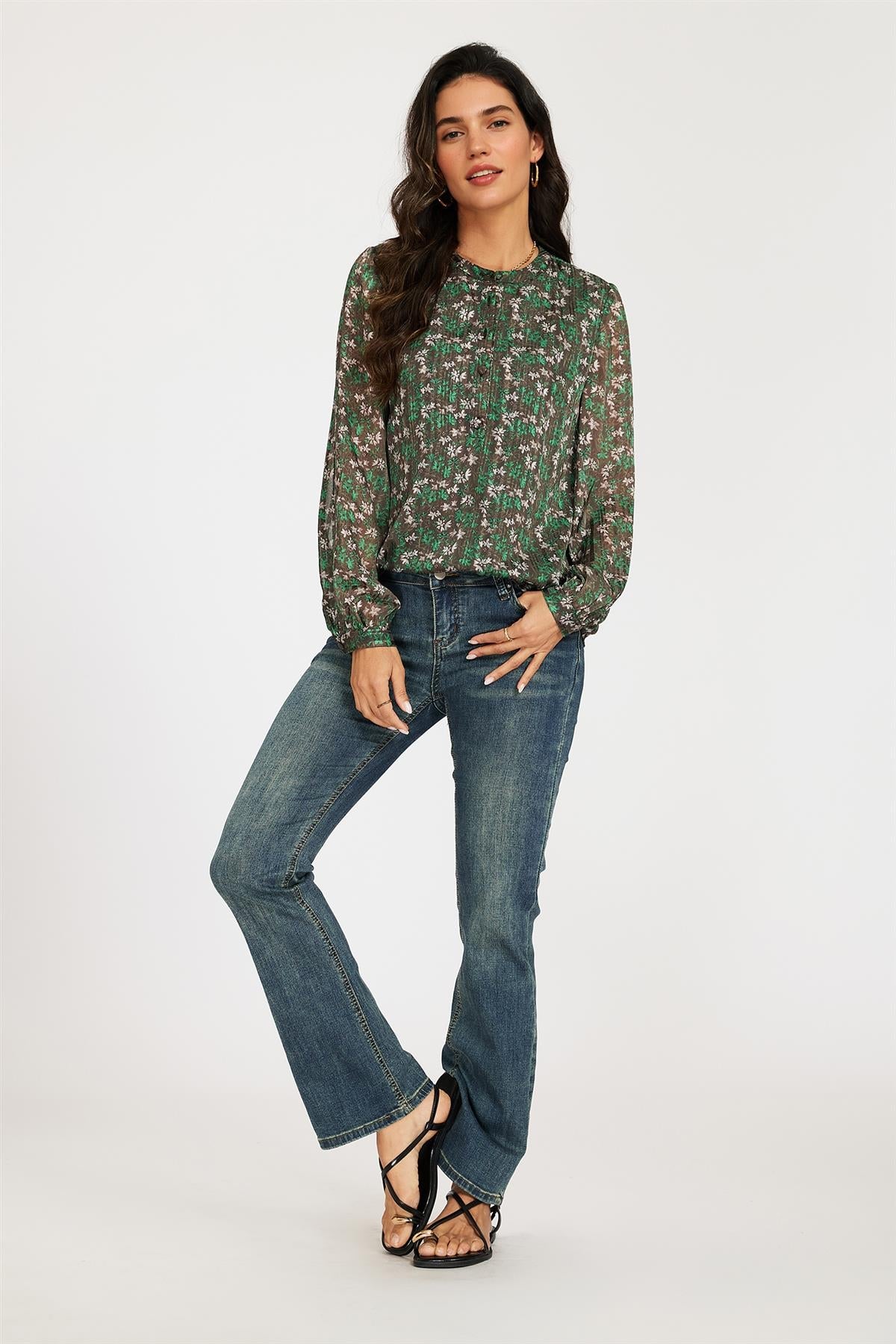 FS Collection Silver Thread Print Long Sleeve Sheer Blouse In Brown