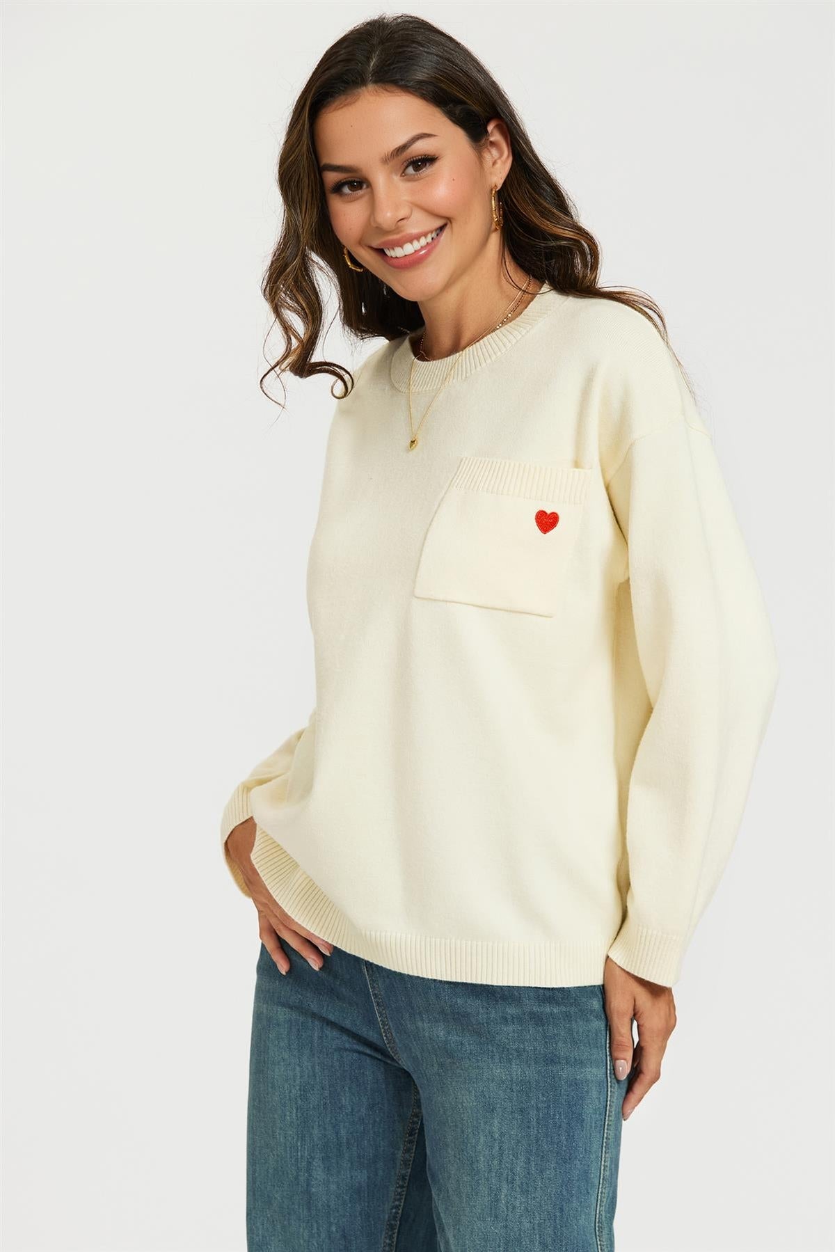 FS Collection Heart Embroidered Knit Jumper Top In Cream