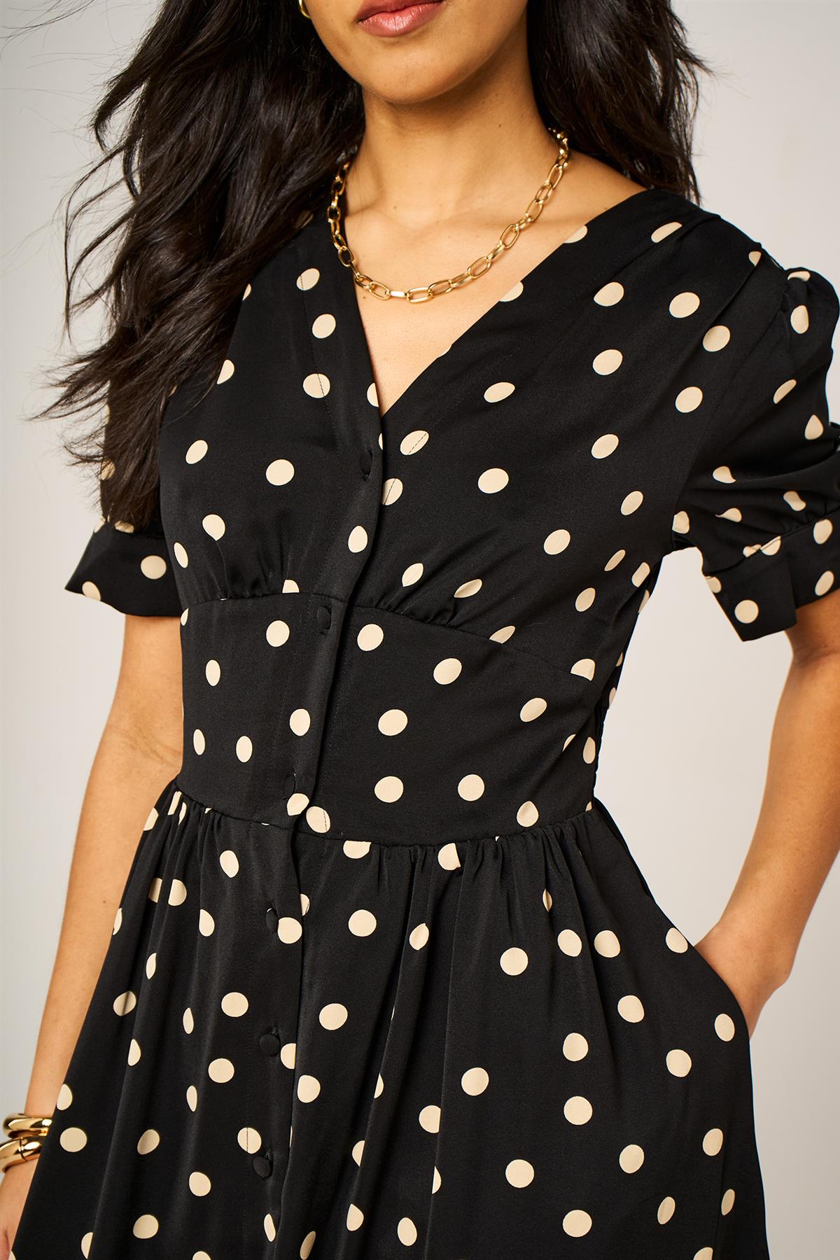 Dot Print Button Front Midi Dress In Black With Puff Sleeves