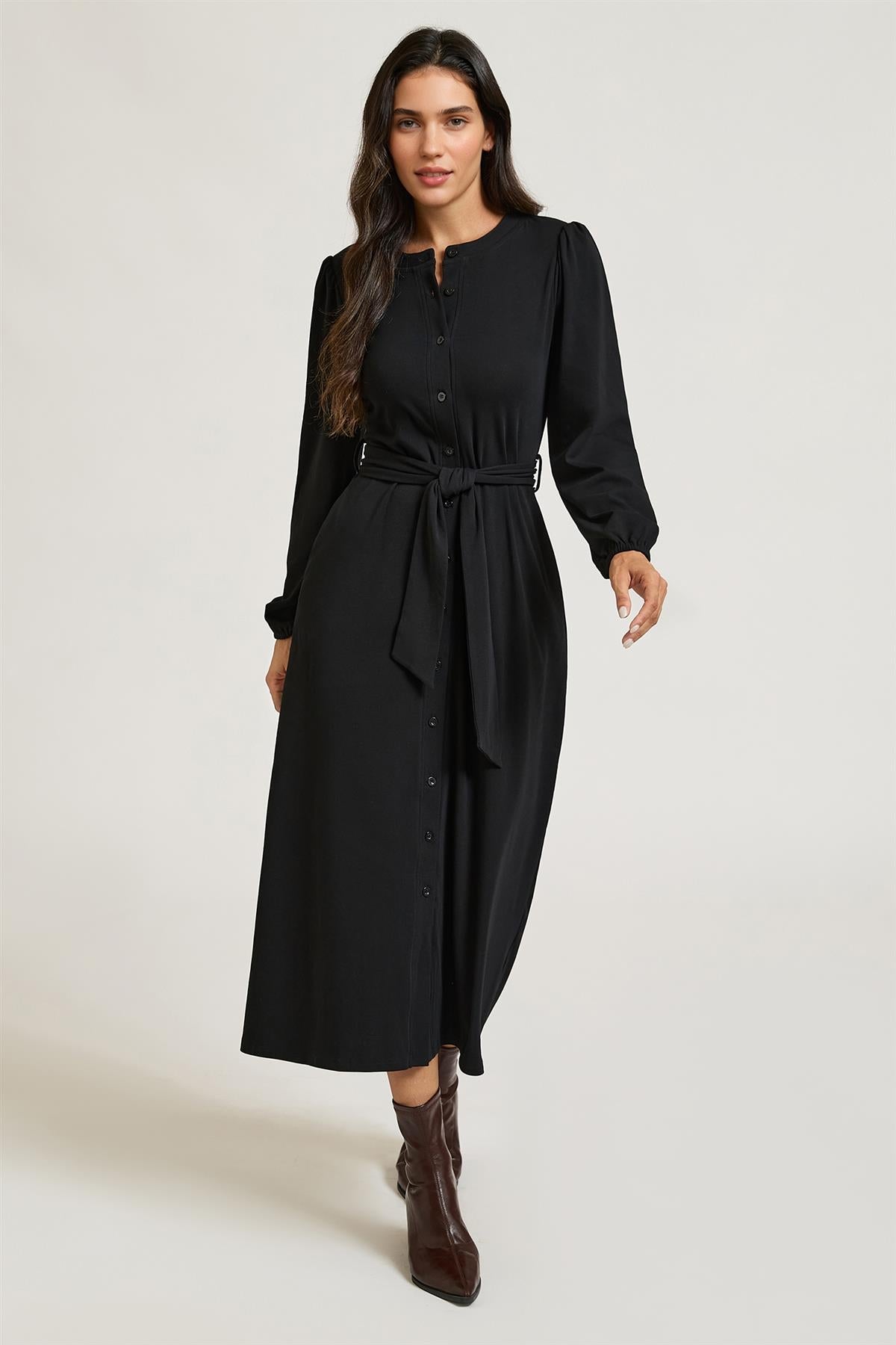 FS Collection Black Long Balloon Sleeve Jersey Midi Shirt Dress