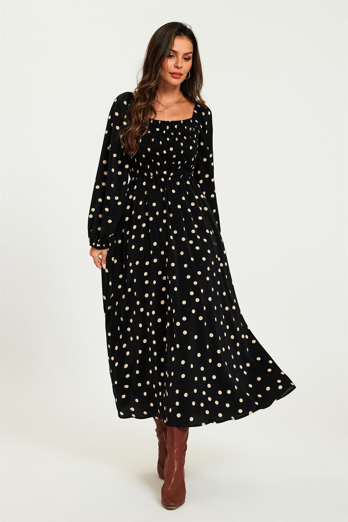 FS Collection Polka Dot Square Neck Maxi Dress In Black
