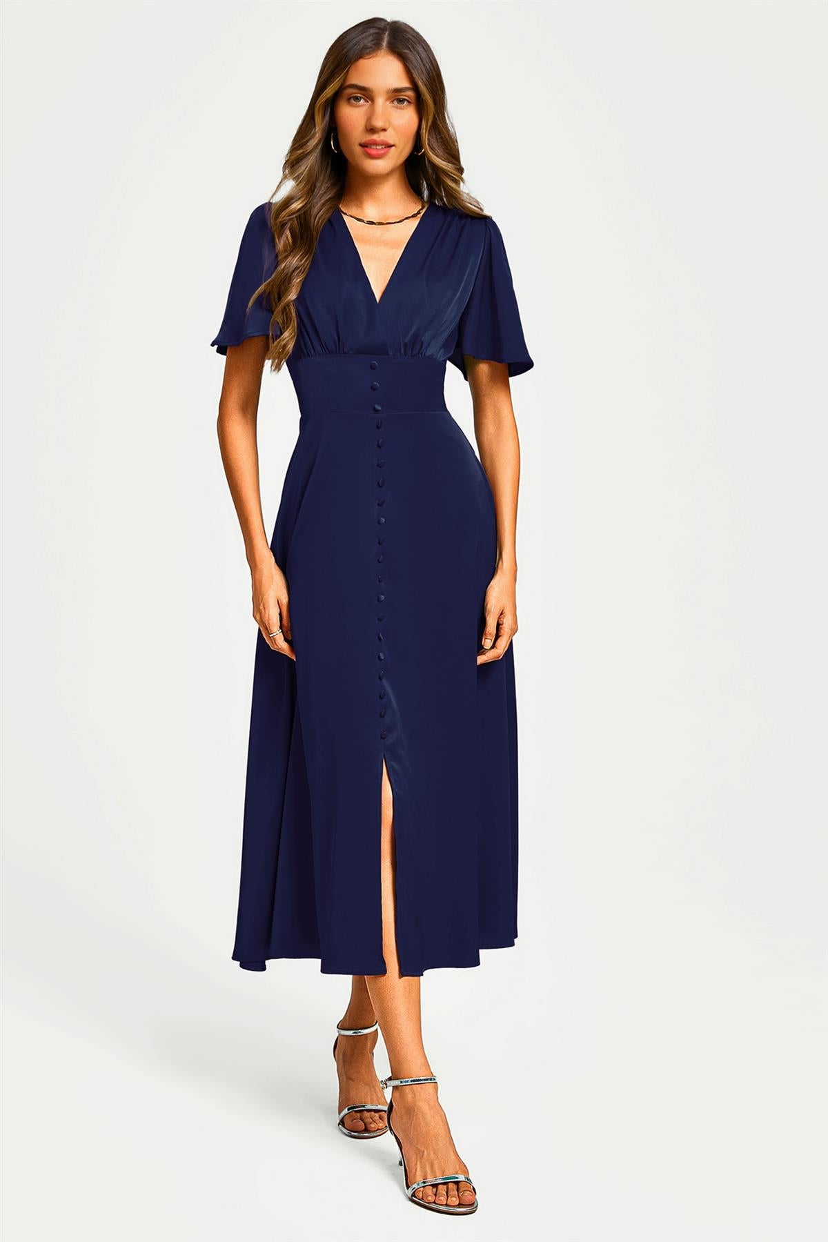 FS Collection Satin V neckline Button Detail Dress In Navy