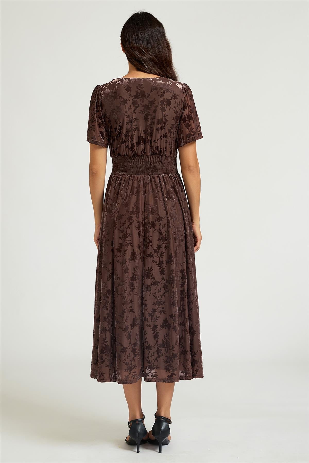 FS Collection Brown Velvet Burnout V-Neck Angel Sleeve Midi Dress