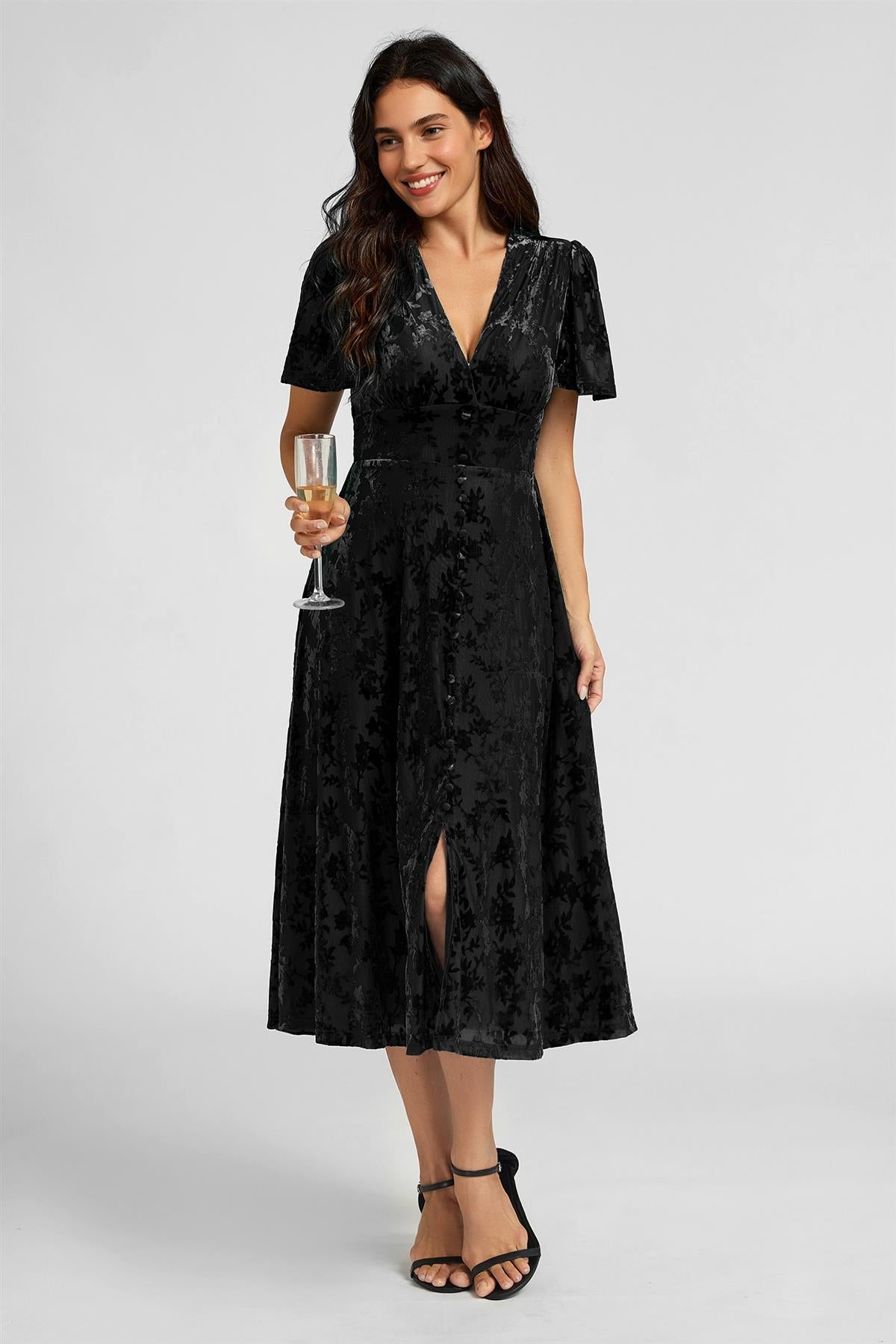 FS Collection Floral Black Velvet Devore V neckline Dress