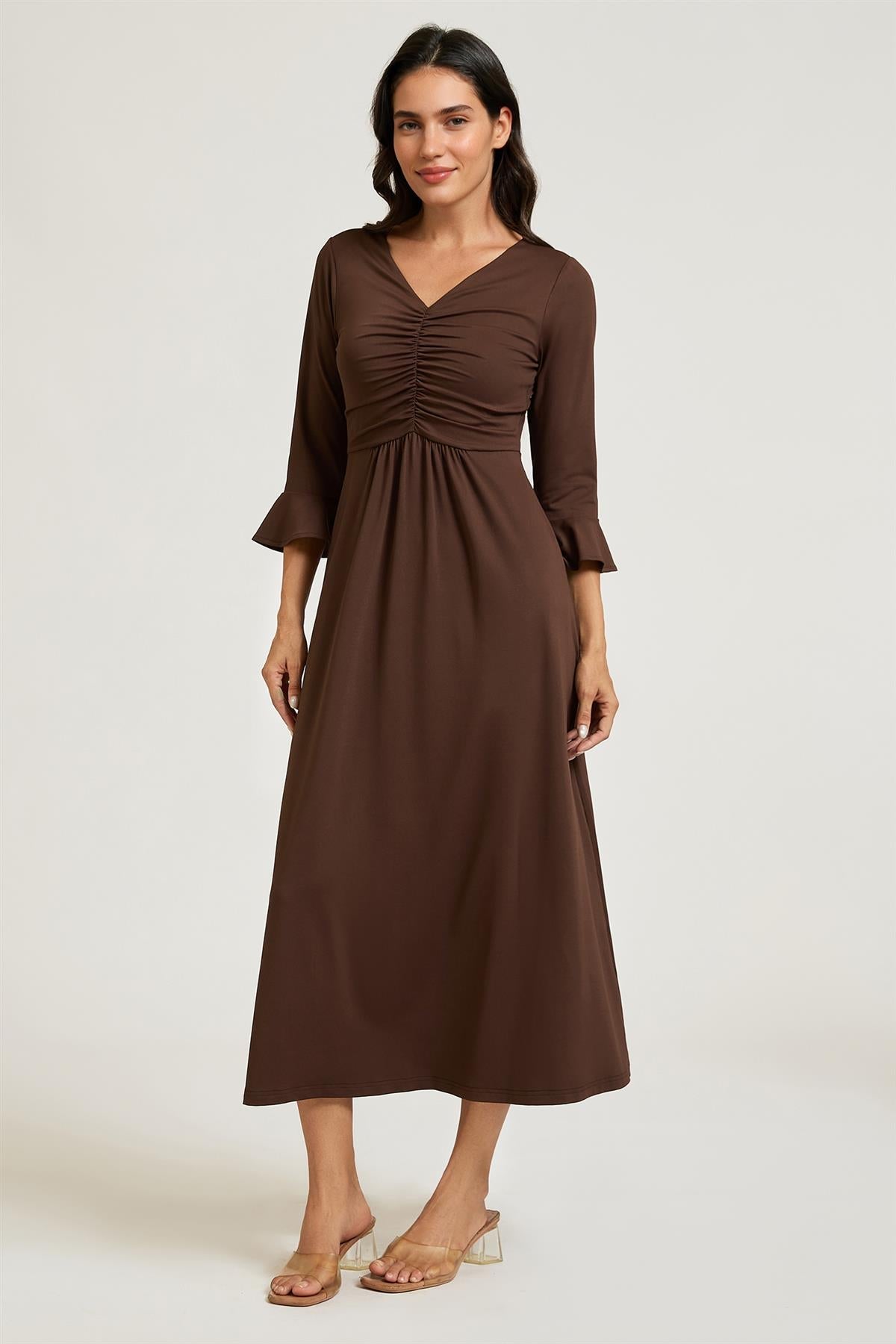 Fluted Sleeves Ruched Jersey Midi Dress In Brown