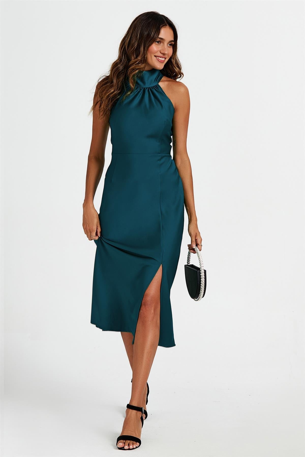 FS Collection Satin Halter Neck Tie Back Midi Dress In Teal