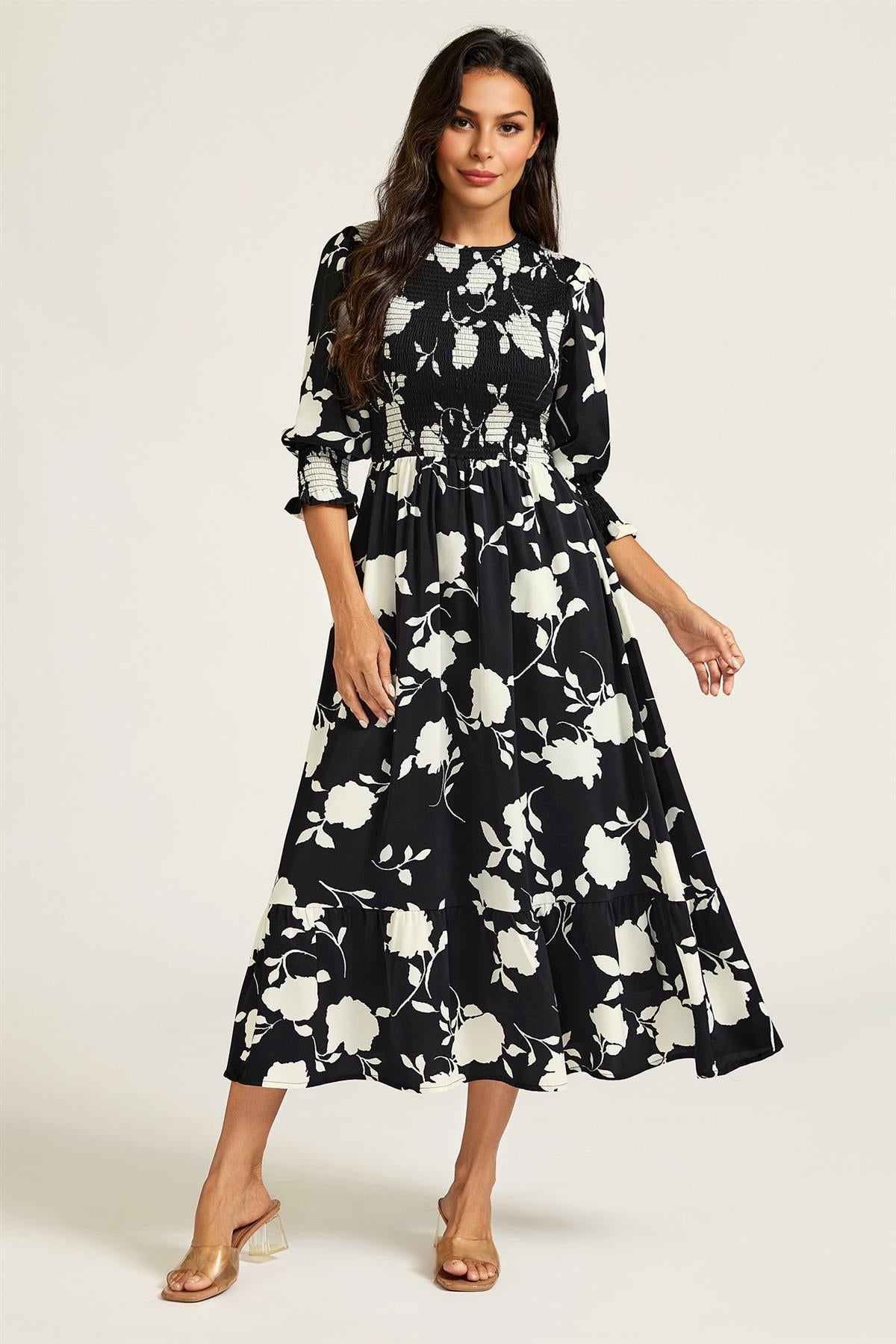 FS Collection Floral Print 3/4 length Sleeves Smocked Midi Dress In Black