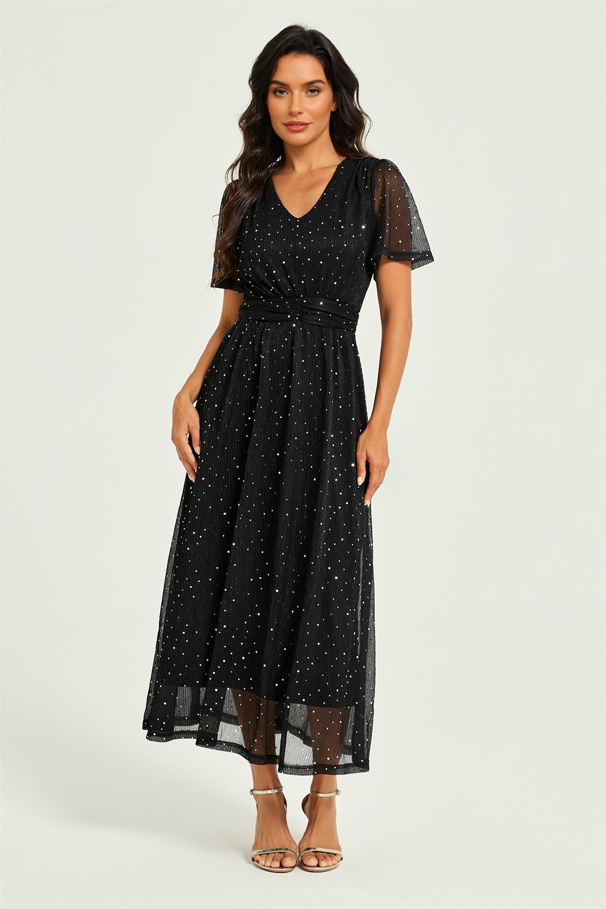 Silver Sequin Pleated Ruched Waist Midi Dress Black