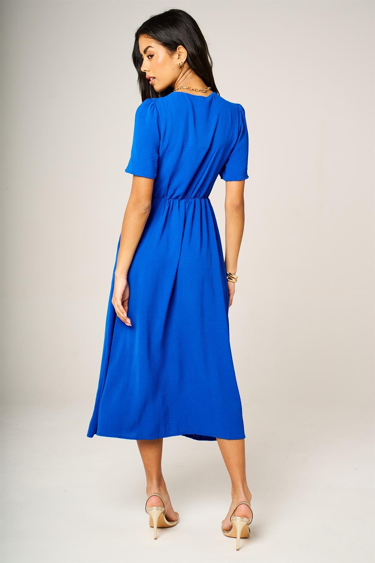 Button Front Midi Dress In Royal Blue