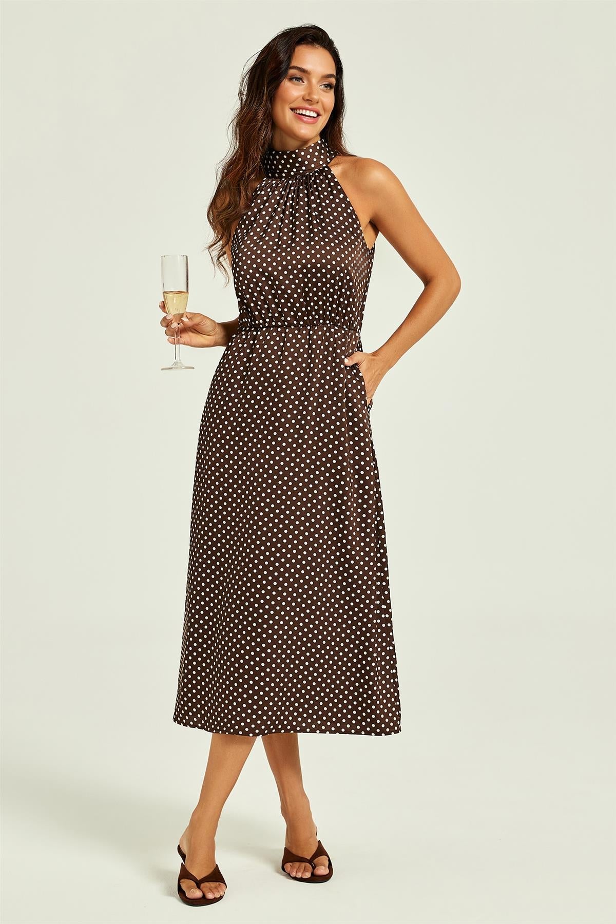 FS Collection Polka Dot Halterneck Tie Back Midi Dress In Brown