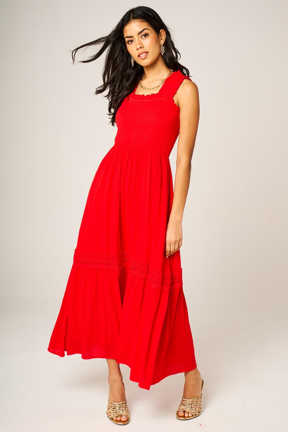 Lace Detail Tiered Maxi Dress In Red