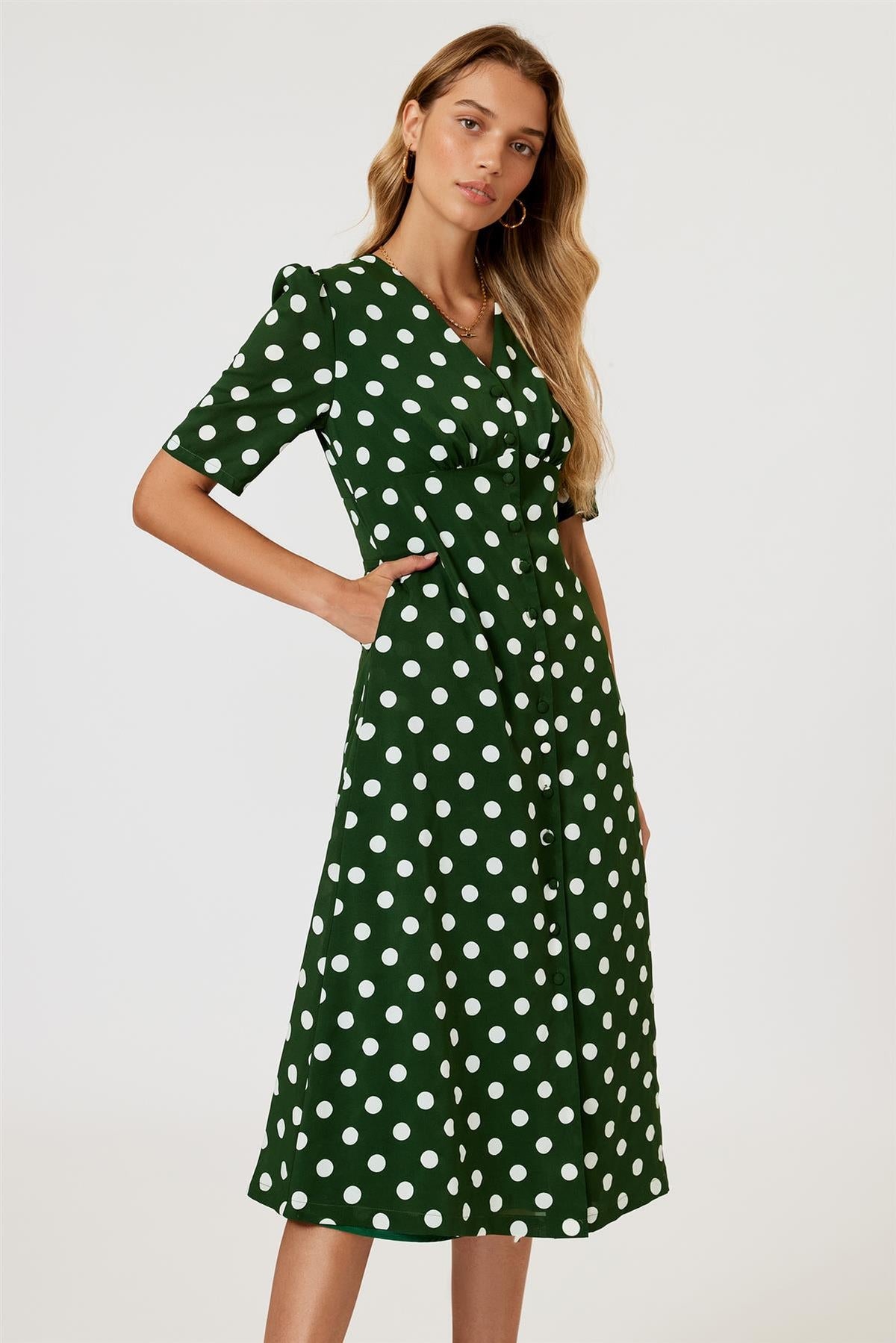 FS Collection Polka Dot Print Button Front Midi Dress In Green