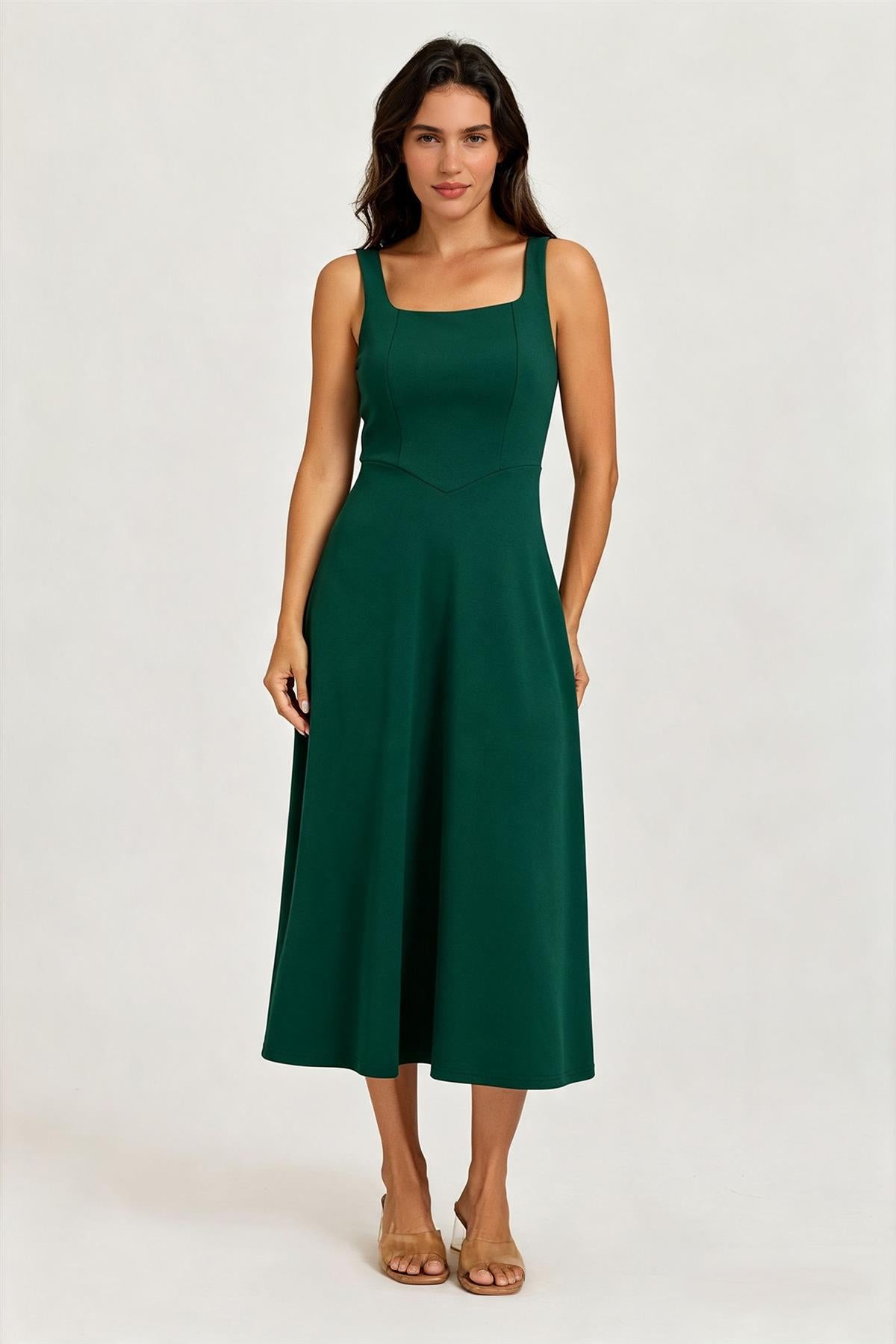 Square Neck Sleeveless Fit & Flare Midi Dress In Green