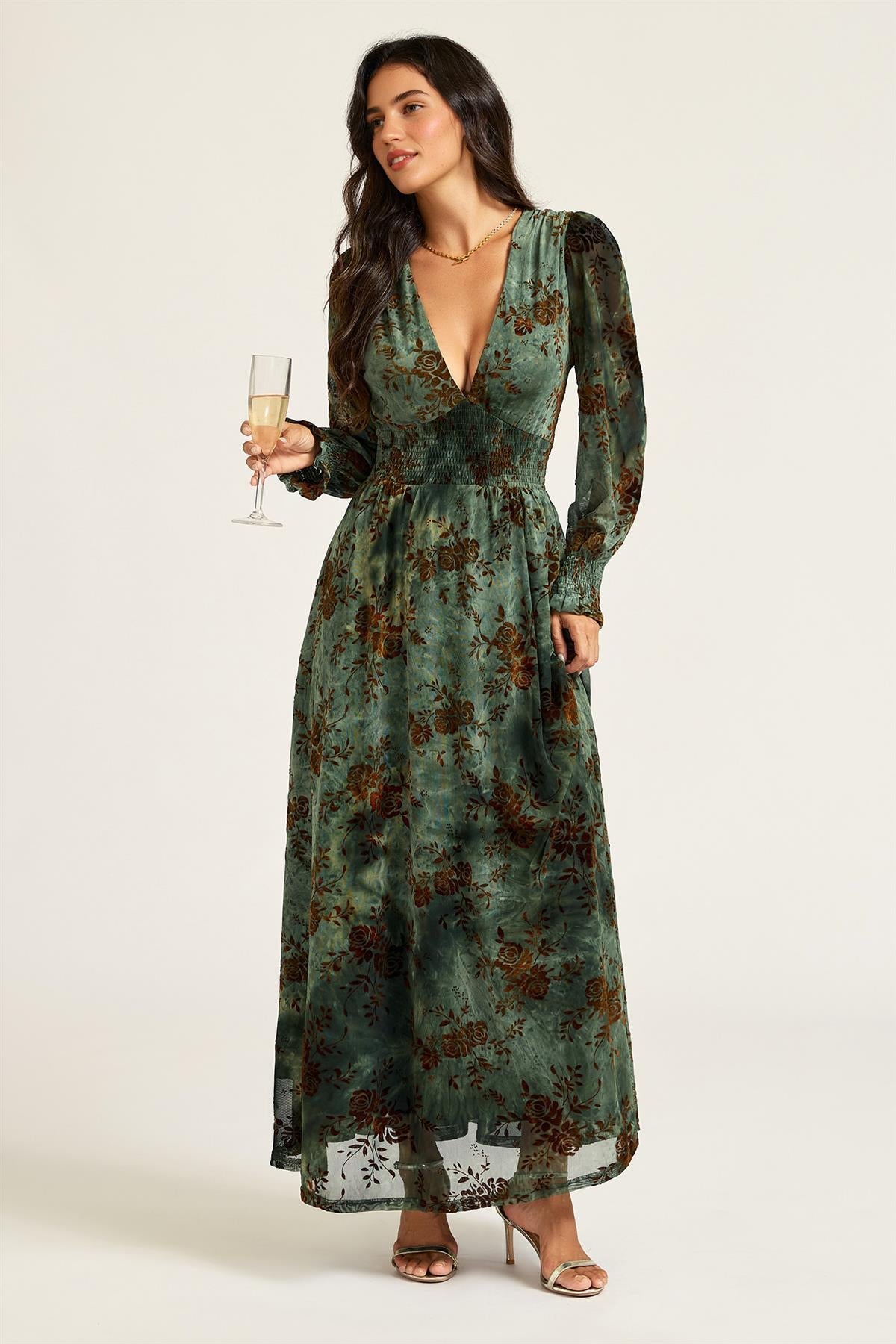 FS Collection Brown Floral Velvet Devore Long Sleeve Maxi Dress In Green