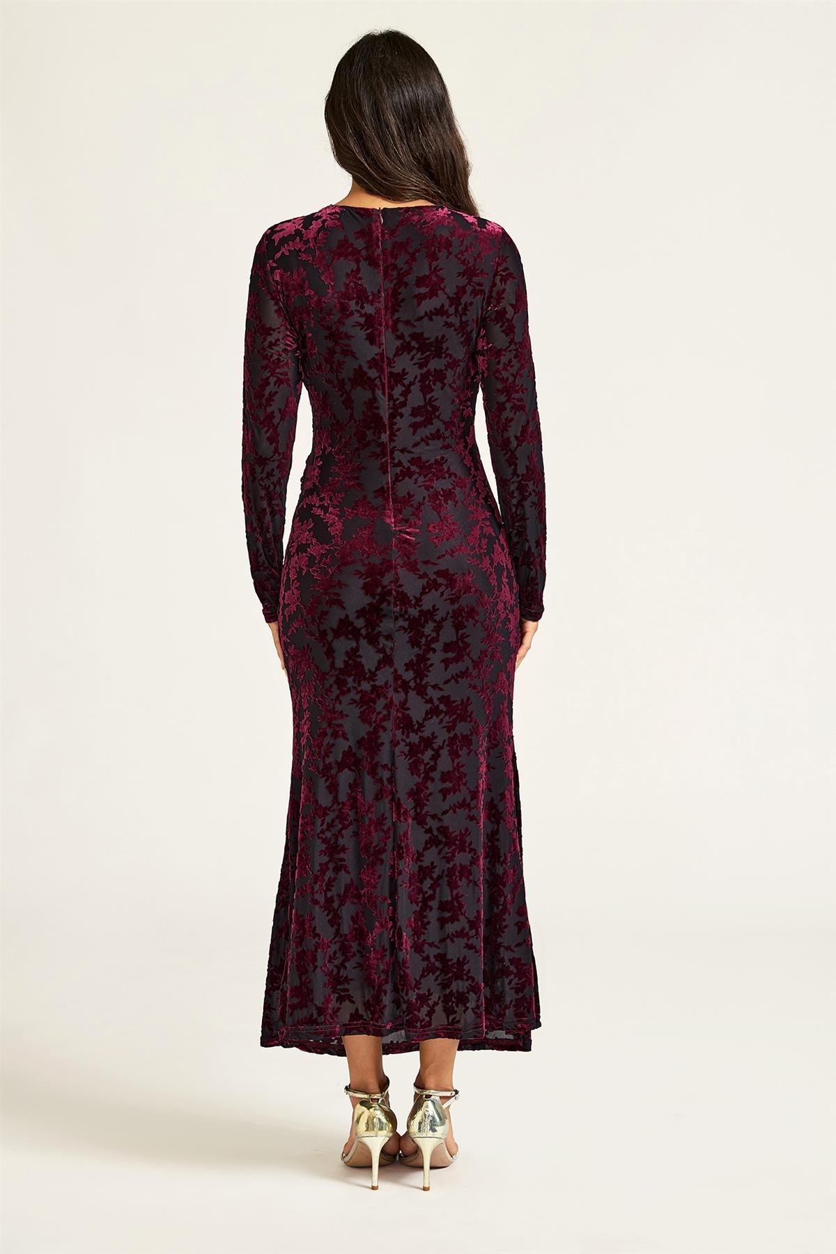 FS Collection Wine Floral Velvet Devore Long Sleeve Wrap Midi Dress
