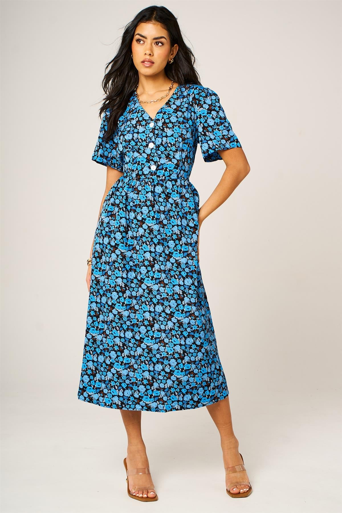 Floral Print Button Front Midi Dress In Royal Blue