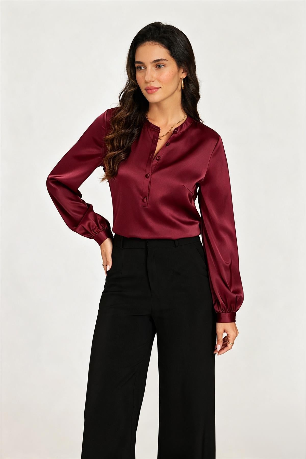 Long Sleeve Satin Blouse Top In Wine