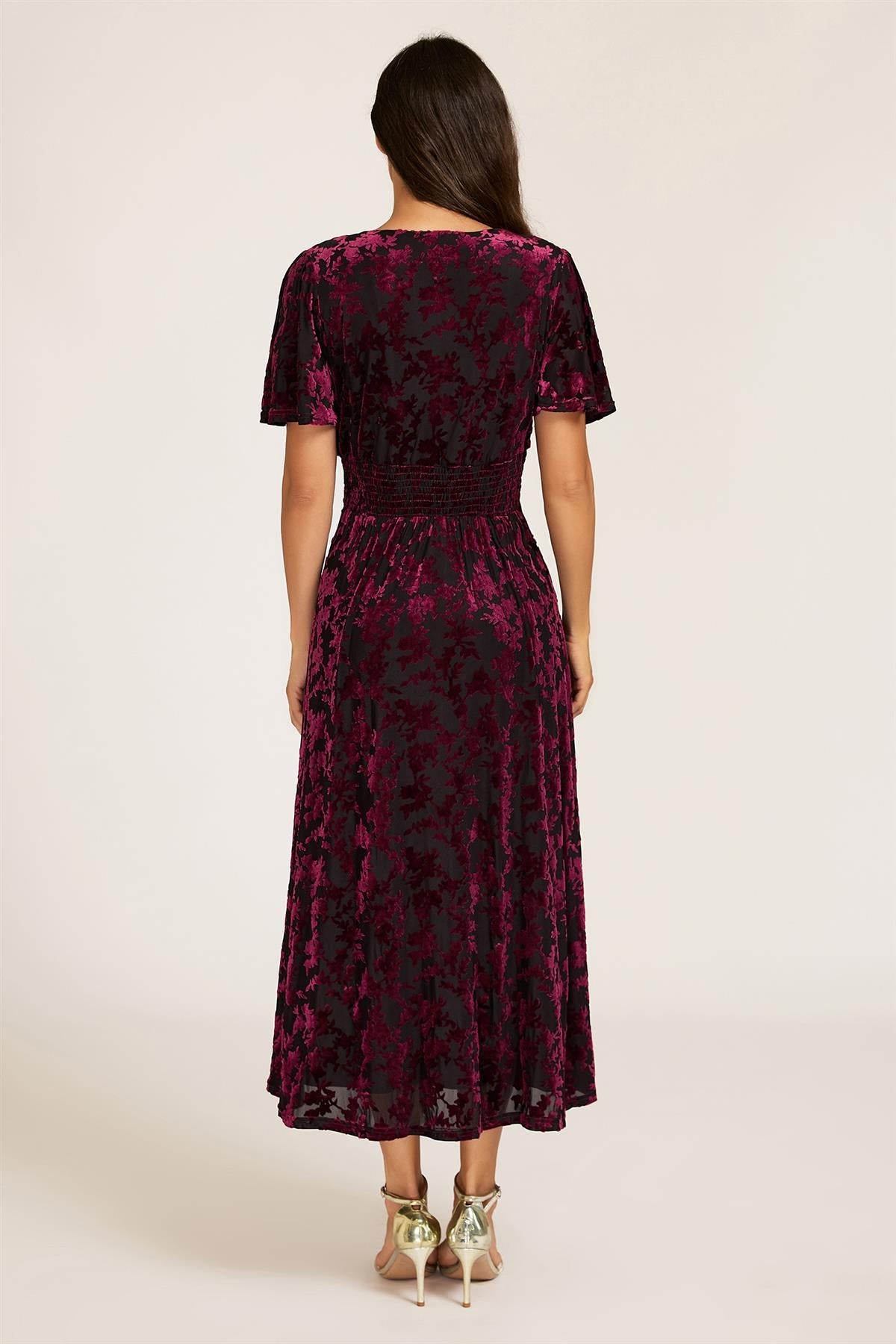 FS Collection Floral Velvet Devore V neckline Dress
