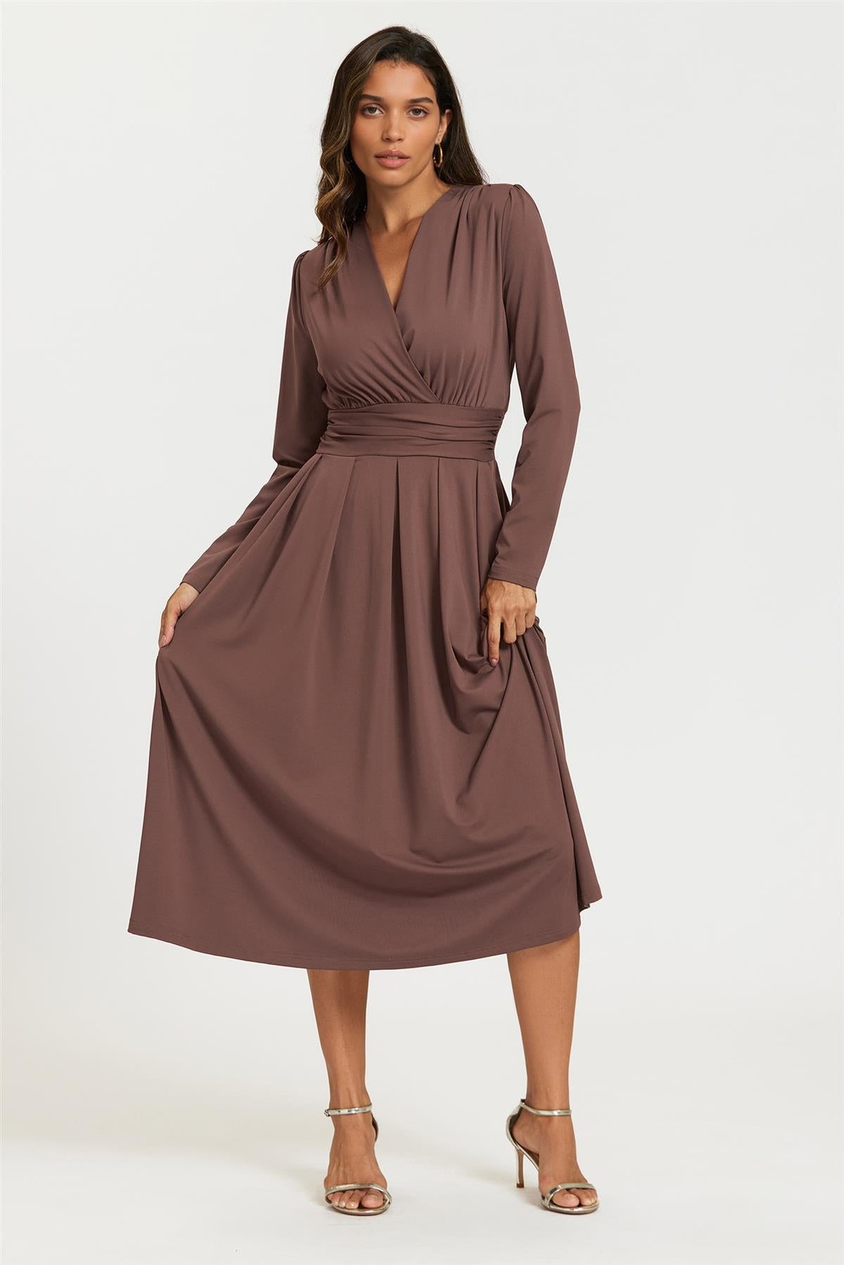 FS Collection Jersey Long Sleeve Brown Midi Dress