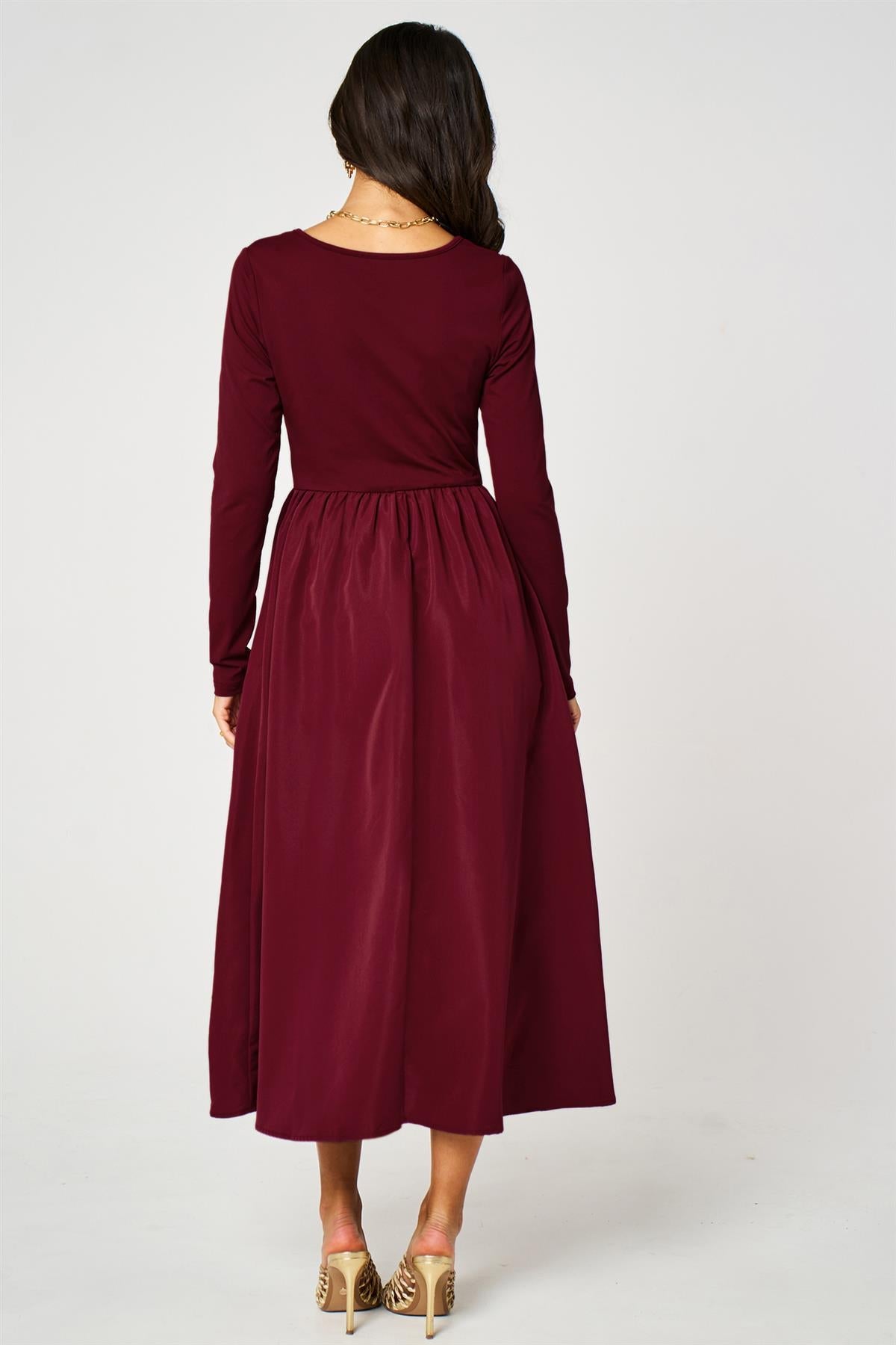 FS Collection Long Sleeve Button Detail Midi Dress In Wine