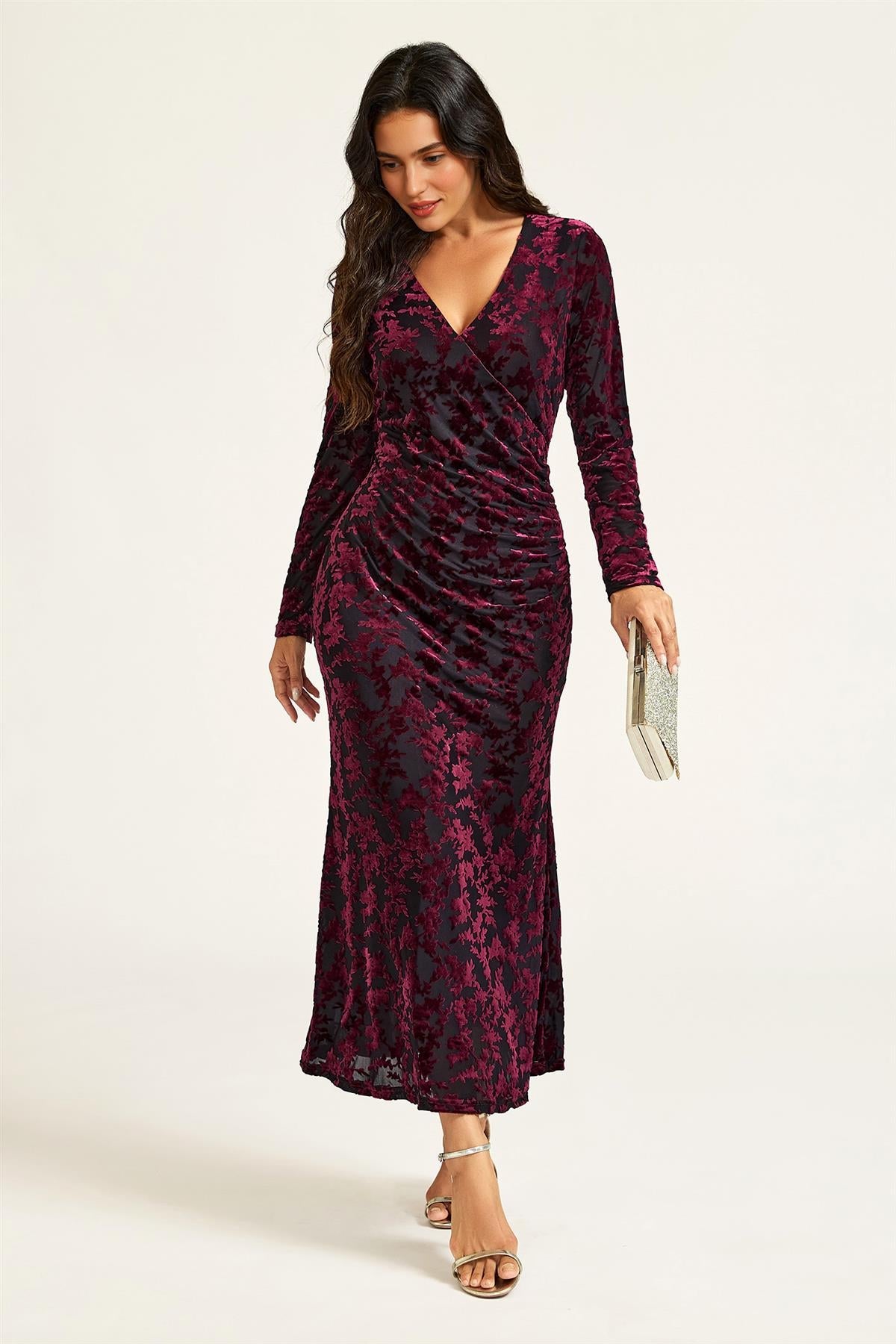 FS Collection Wine Floral Velvet Devore Long Sleeve Wrap Midi Dress