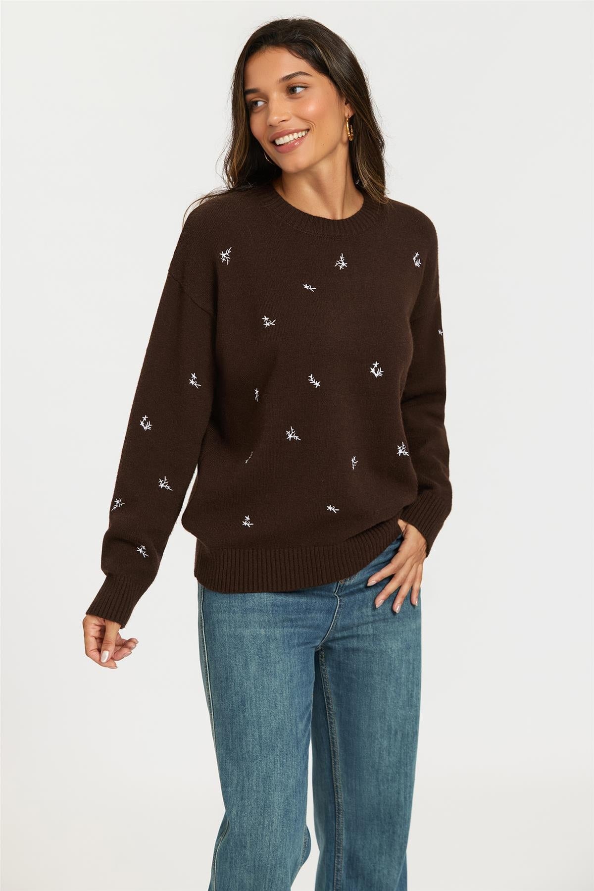 FS Collection Embroidered Floral Knit Jumper Top In Brown