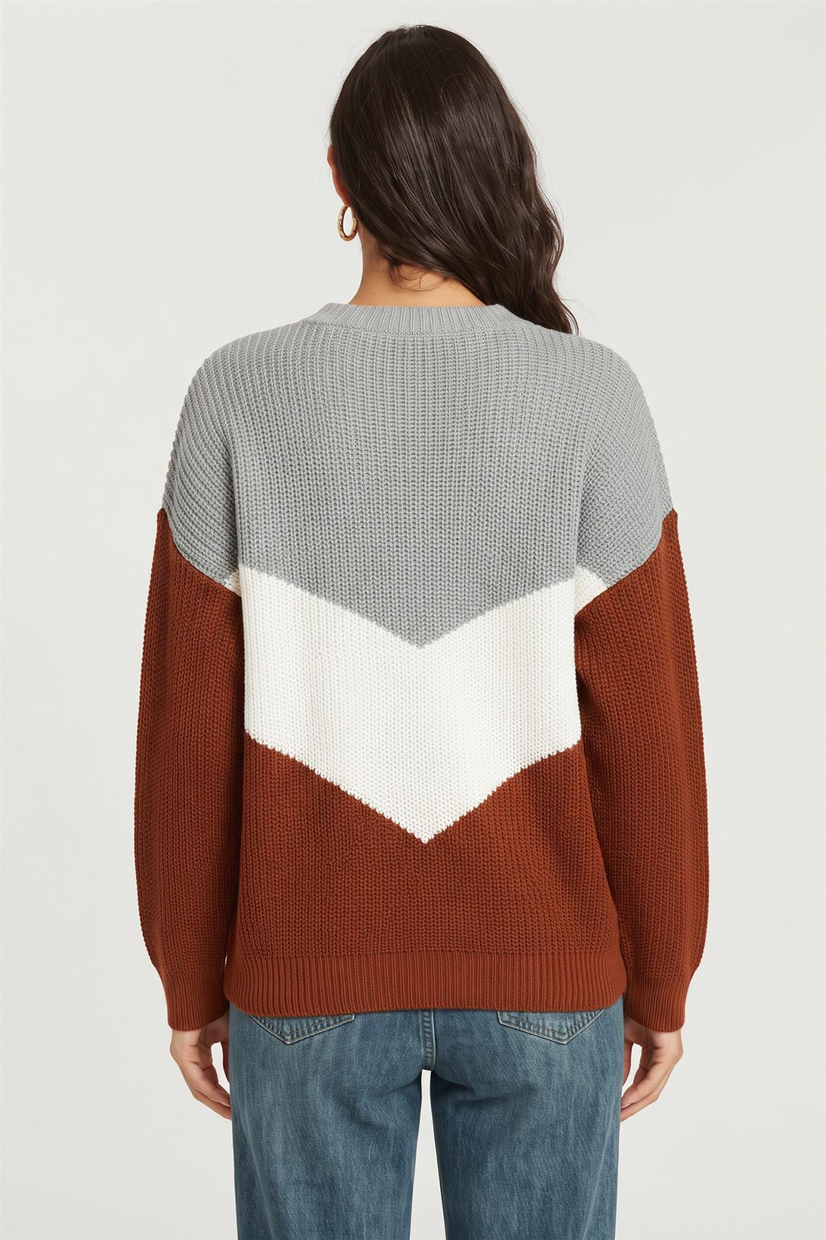 Colour Block Chevron Crew Neck Knitted Jumper