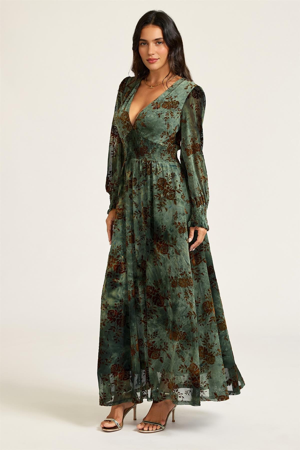 FS Collection Brown Floral Velvet Devore Long Sleeve Maxi Dress In Green