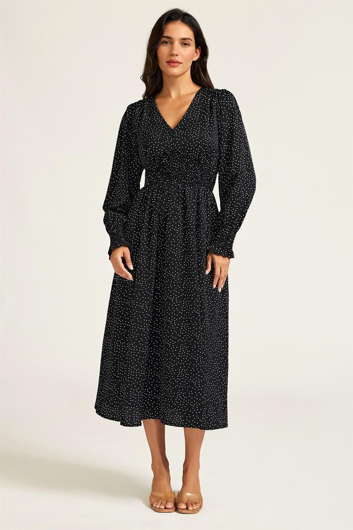 FS Collection Polka Dot Print Long Sleeve Midi Dress In Black