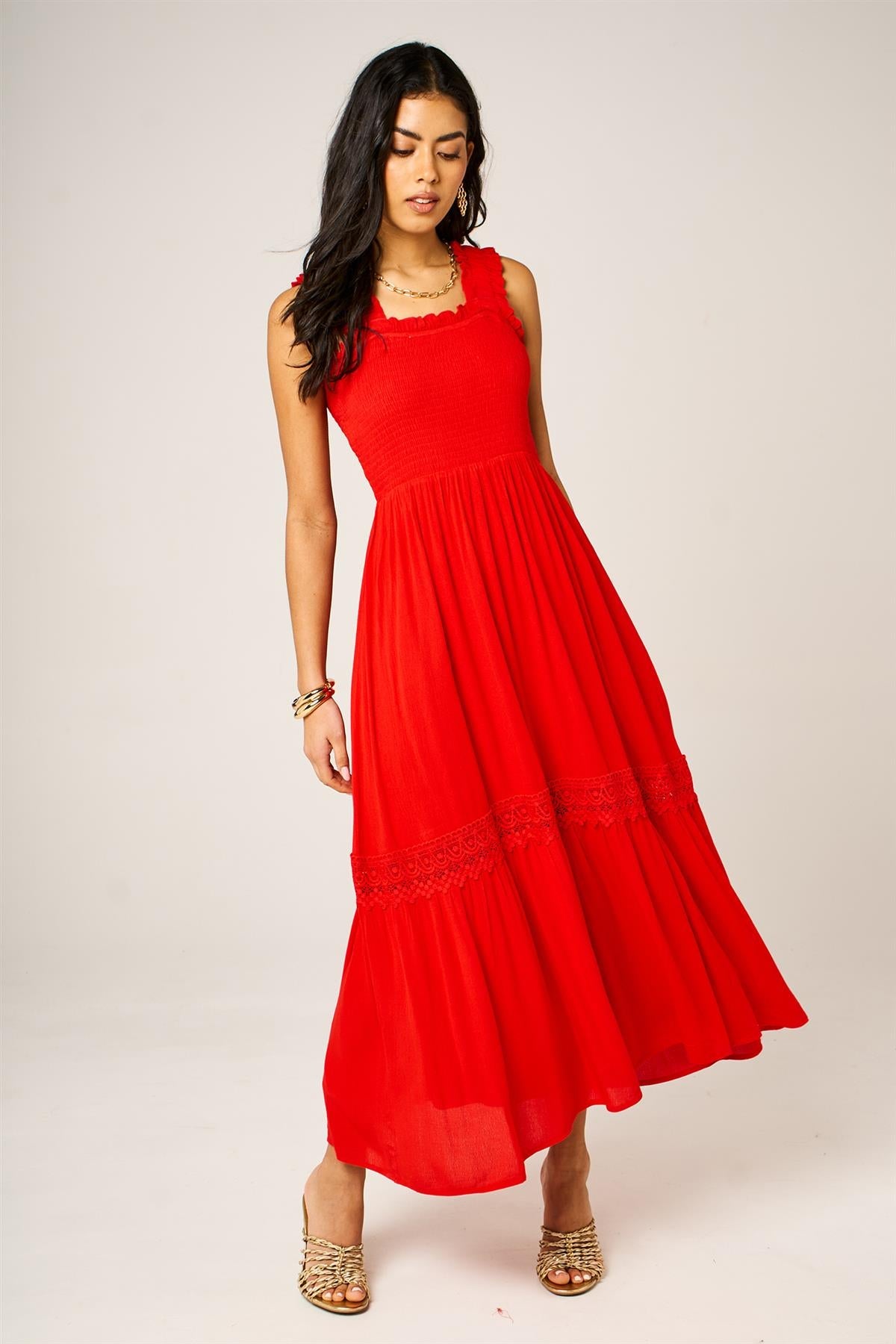 Lace Detail Tiered Maxi Dress In Red