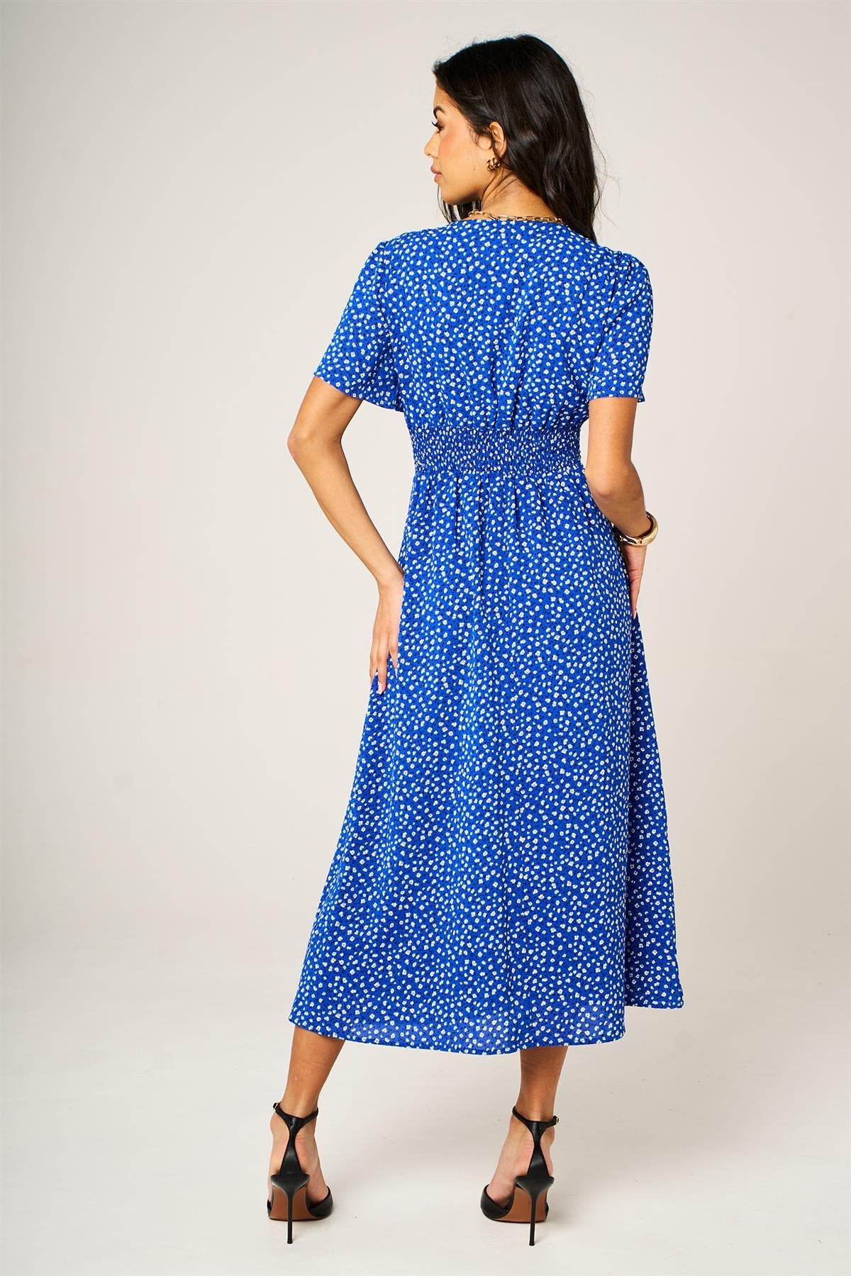 Little Floral Print Button Front Midi Dress In Blue