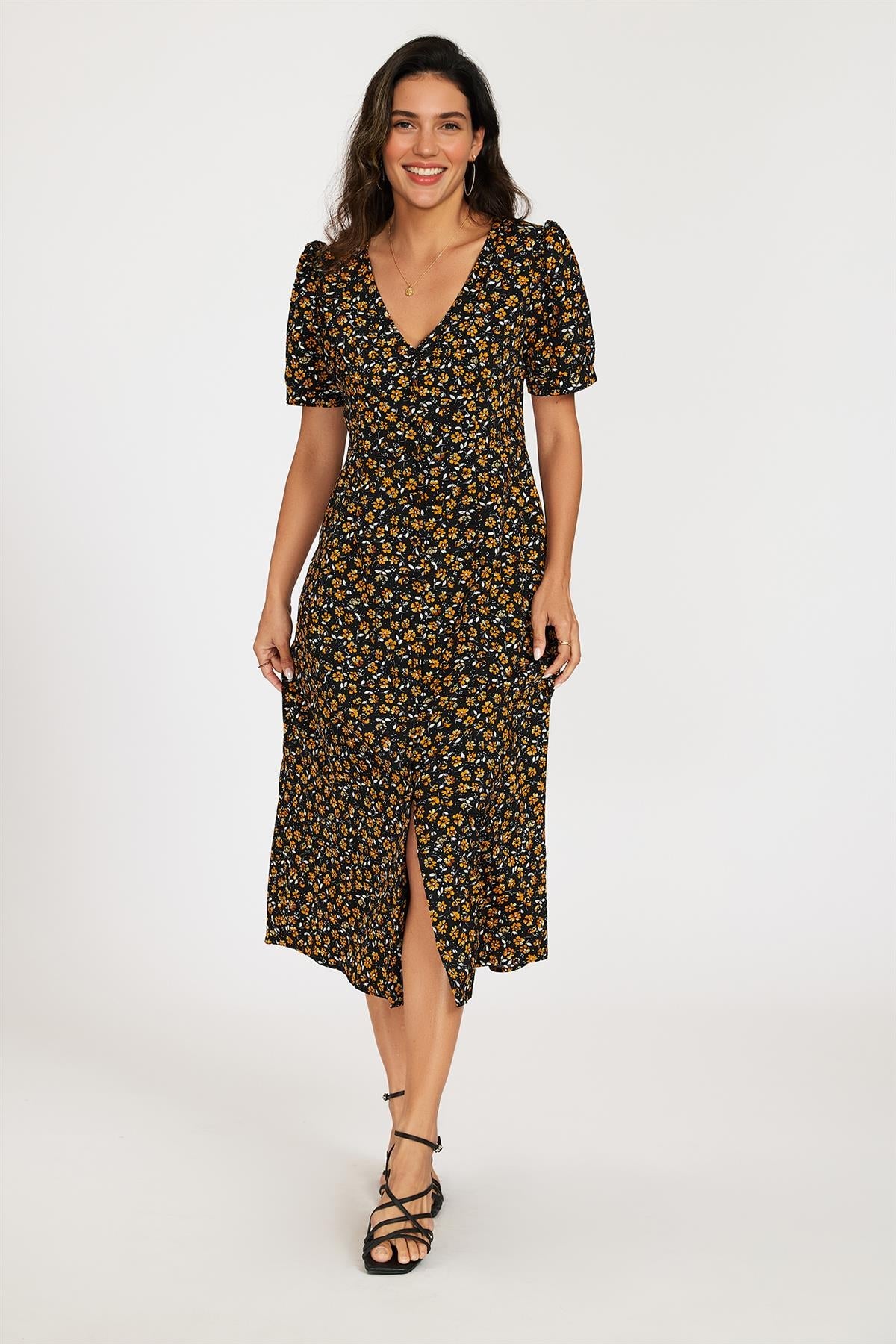 FS Collection Floral Print Button Front Puff Sleeve Midi Dress In Black