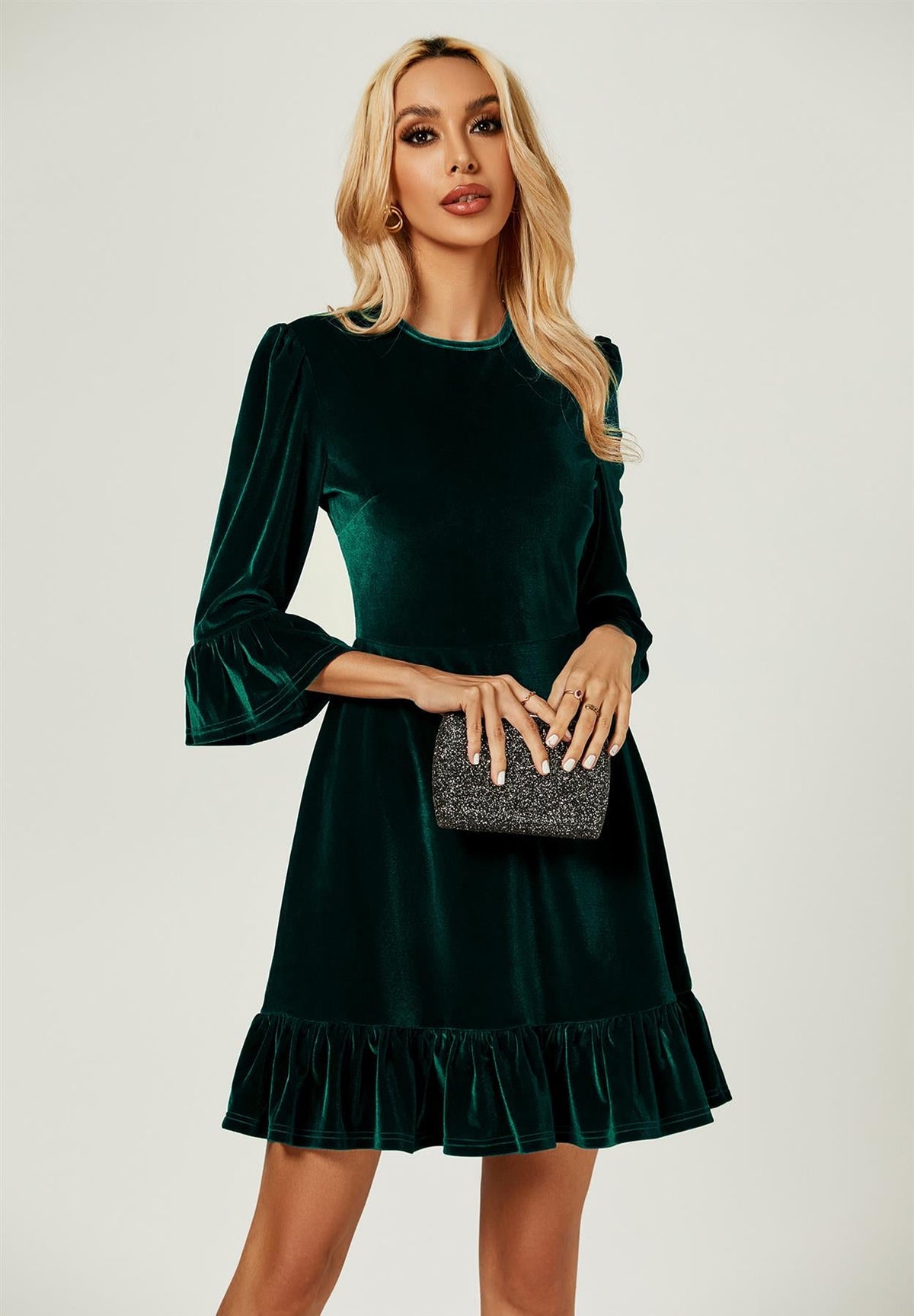 Velvet Frill Detail Mini Dress In Green