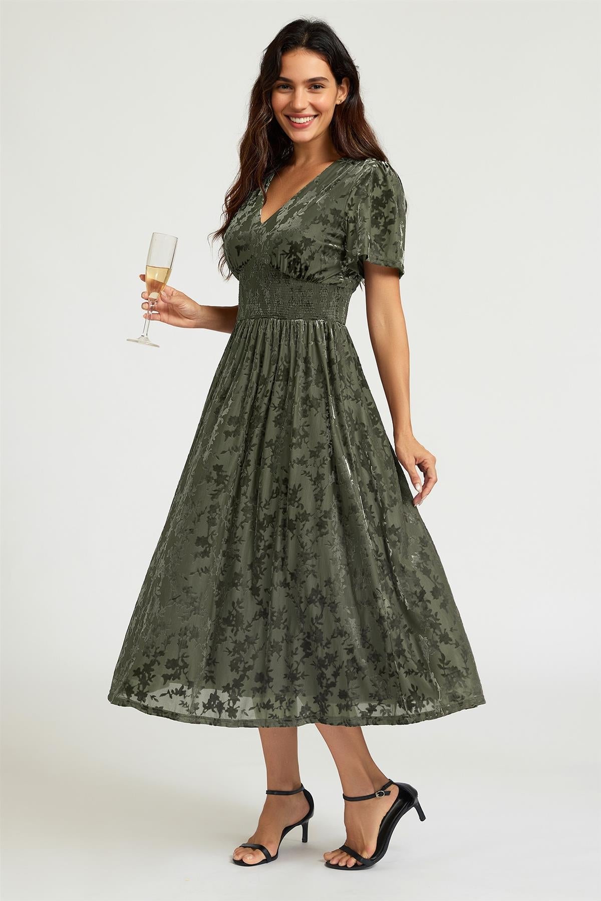 FS Collection Dark Sage Velvet Burnout V-Neck Angel Sleeve Midi Dress