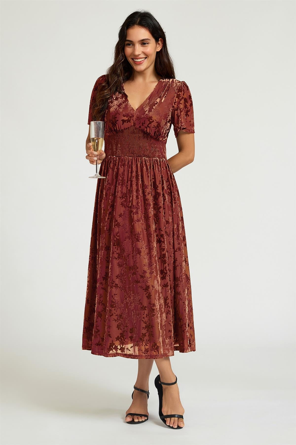 FS Collection Velvet Burnout V-Neck Angel Sleeve Midi Dress