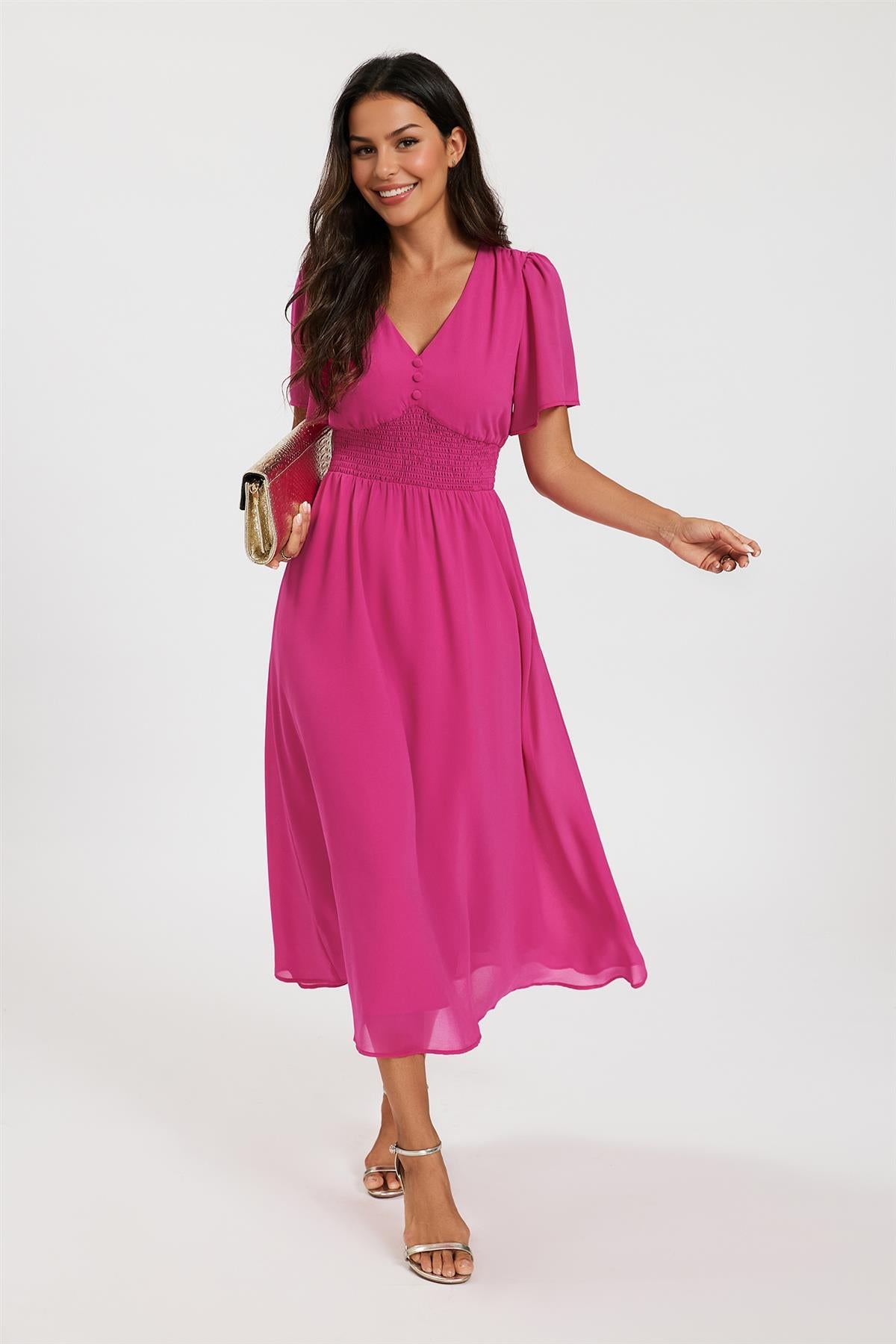 FS Collection Fuchsia V Neckline Shirred Waist Midi Dress