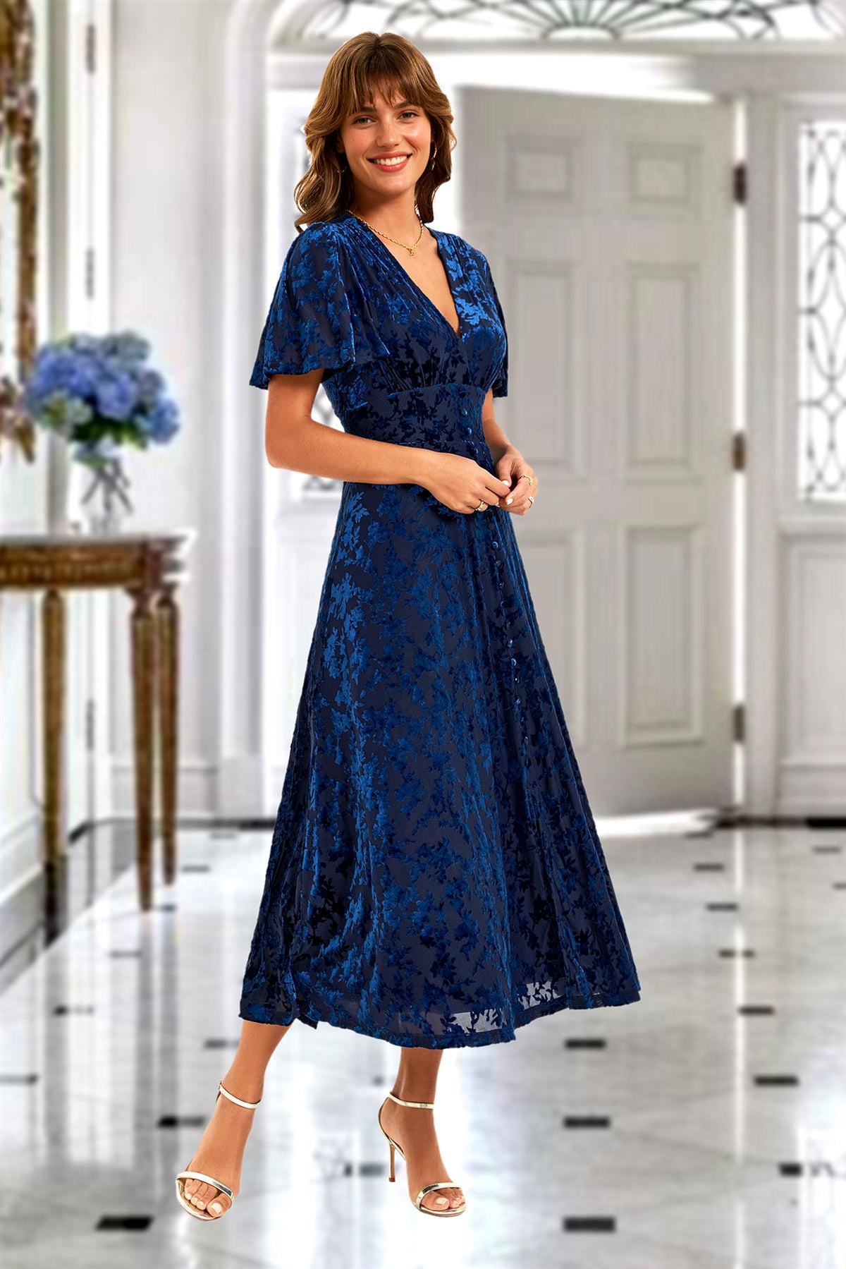 Floral Velvet Devore V neckline Dress In Navy