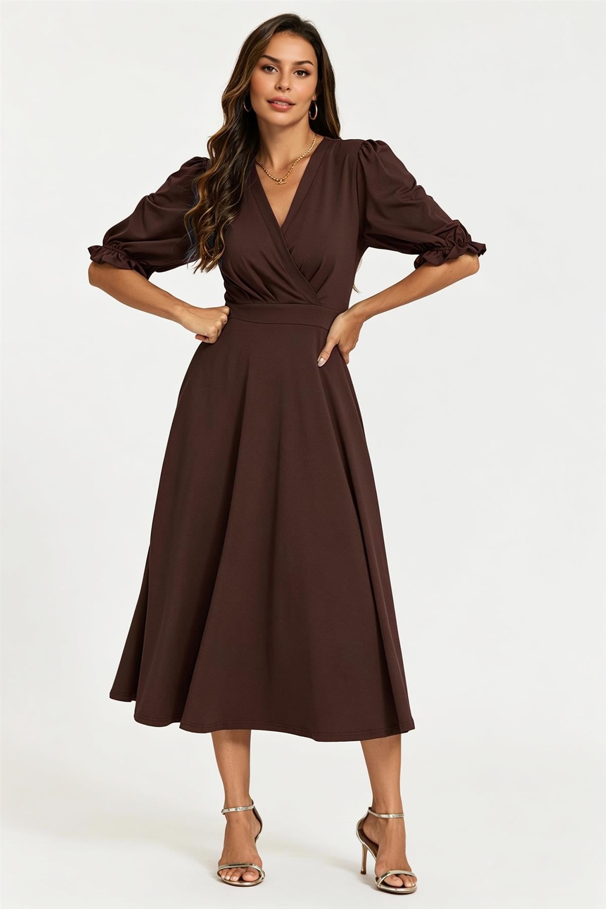 FS Collection Half Sleeves Jersey Midi Dress with Wrap Neckline In Cho – Love My Apparel