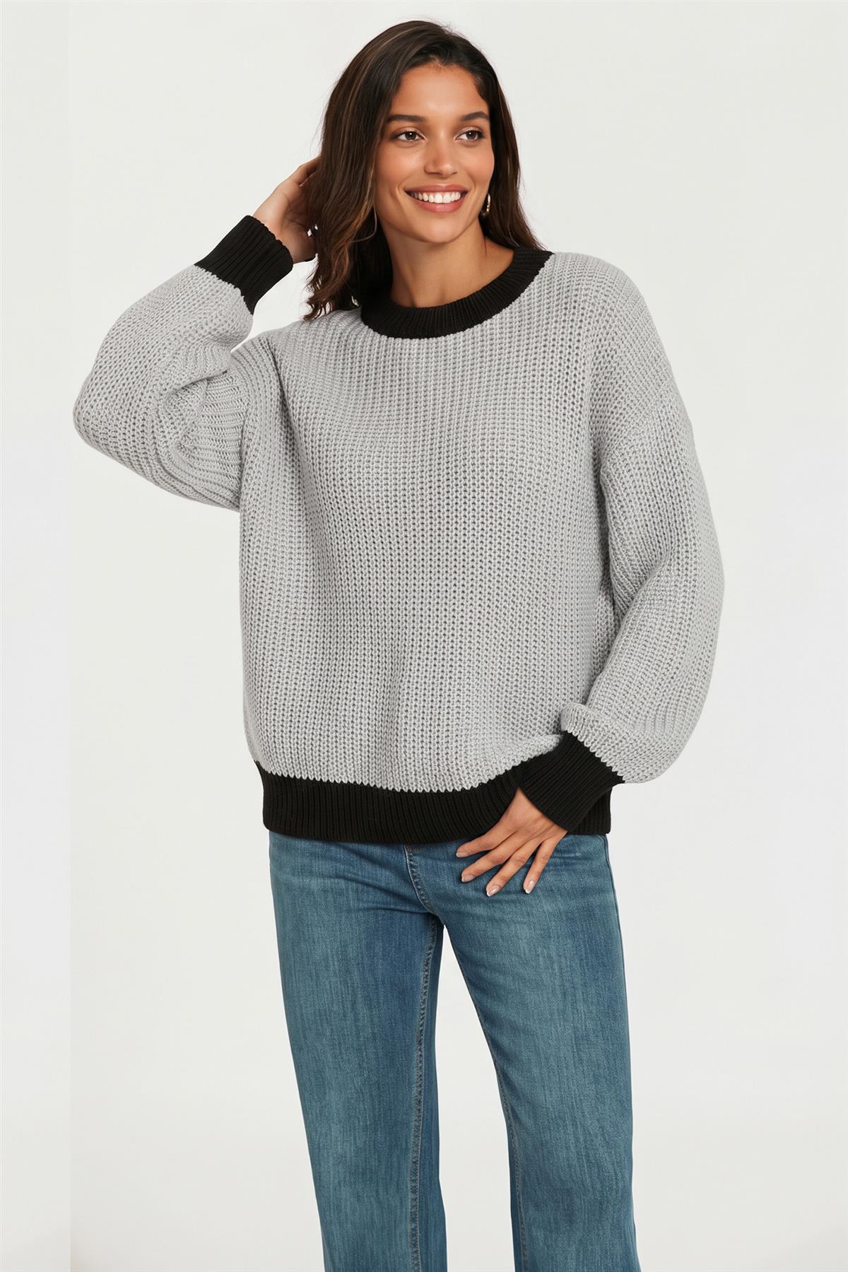 Black Neck Knit Jumper Top In Grey