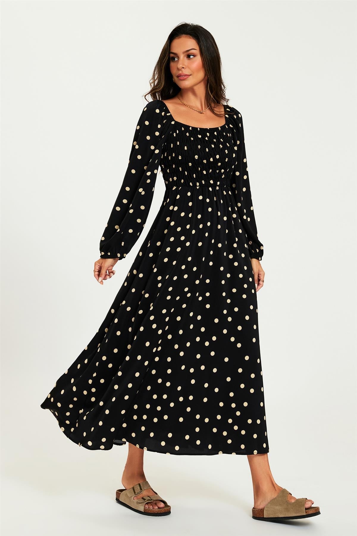 FS Collection Polka Dot Square Neck Maxi Dress In Black