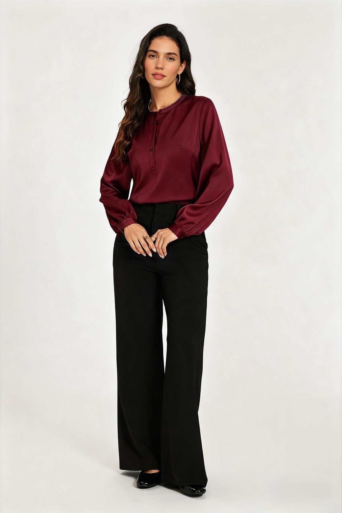 Long Sleeve Satin Blouse Top In Wine