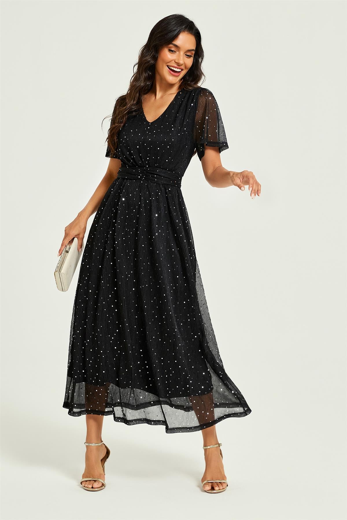 Silver Sequin Pleated Ruched Waist Midi Dress Black
