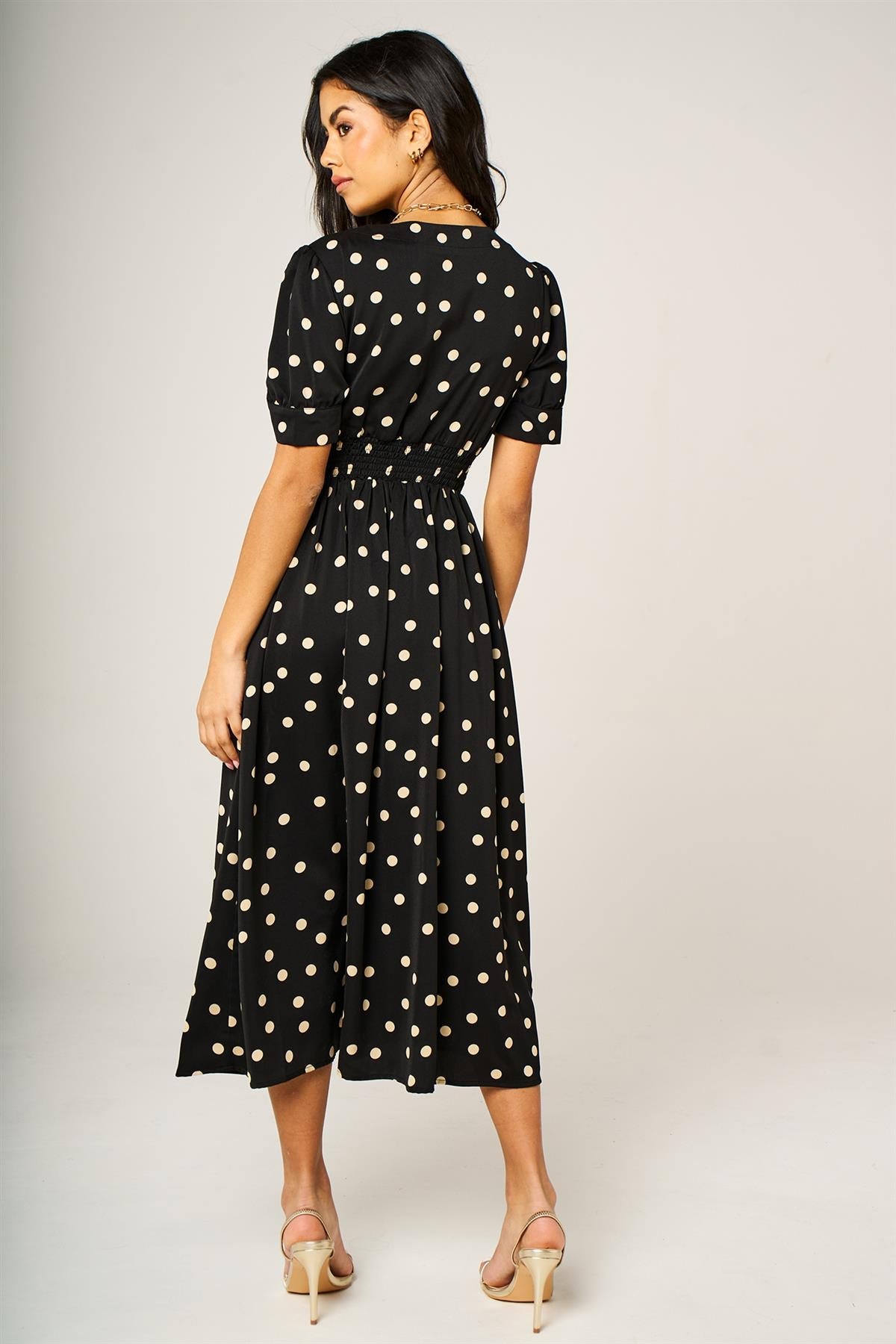 Dot Print Button Front Midi Dress In Black With Puff Sleeves