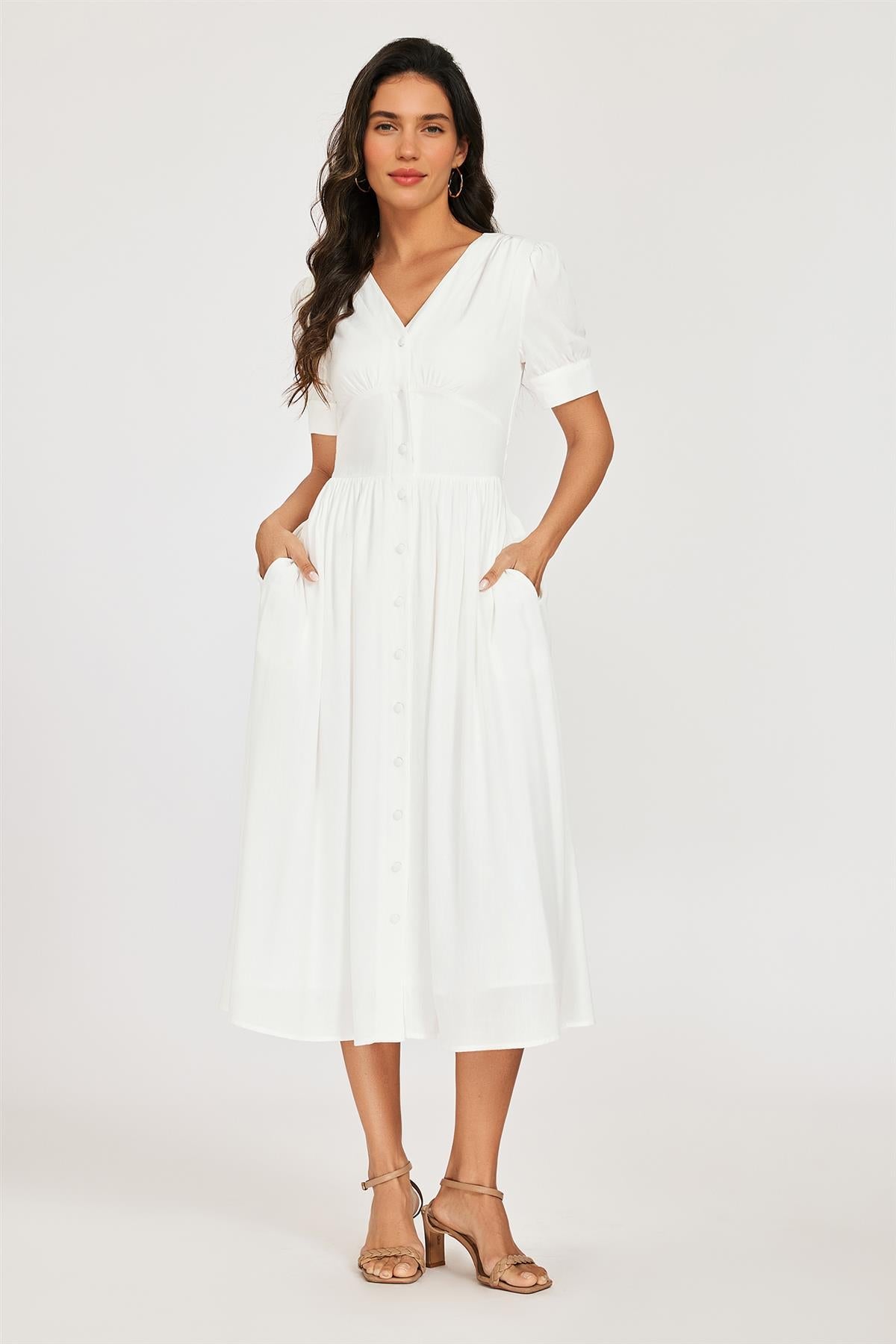 FS Collection Button Front Short Sleeve Midi Dress In White