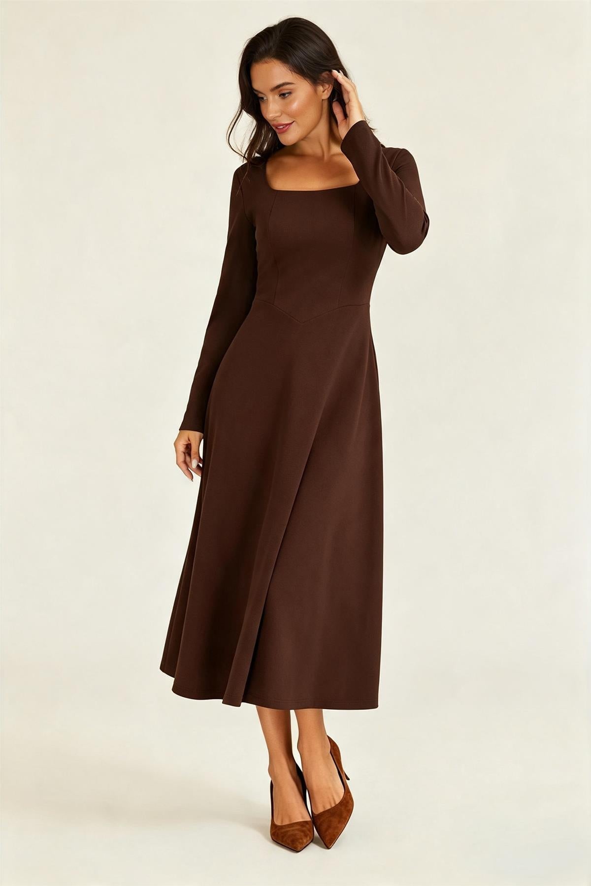 FS Collection Square Neck Long Sleeve Fit & Flare Midi Dress Espresso
