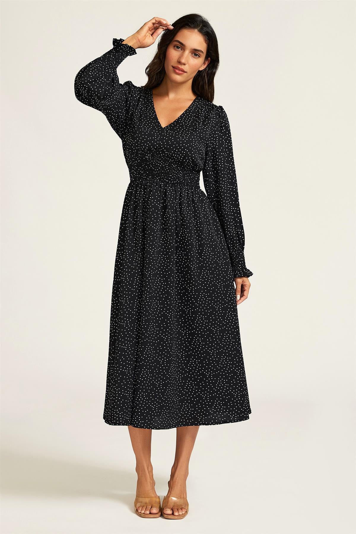 FS Collection Polka Dot Print Long Sleeve Midi Dress In Black